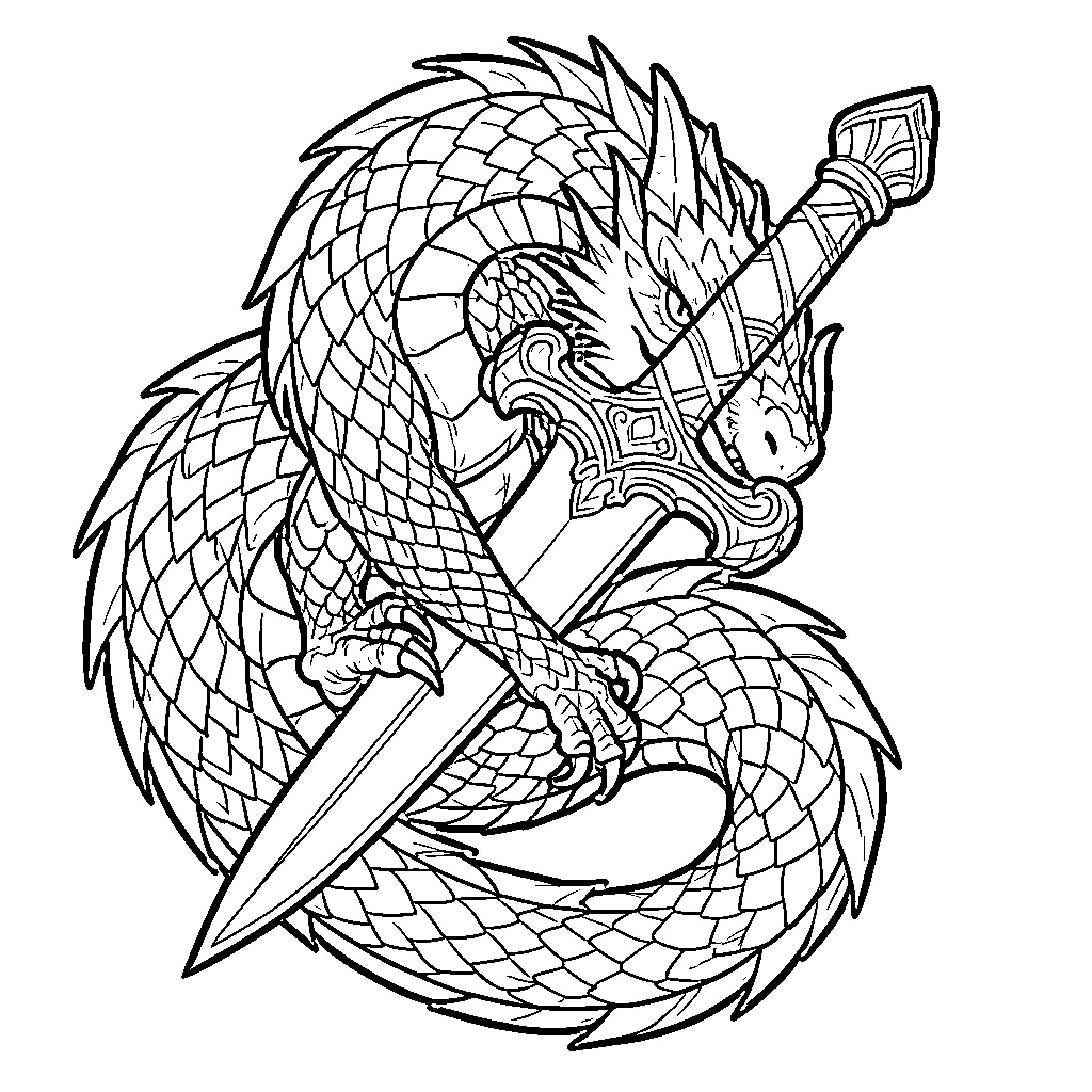 Dragon coiled around a large medieval sword Coloring Page (free black-and-white line drawing printable PDF for all, from beginners to advanced learners, including children, teens, adults, and seniors)