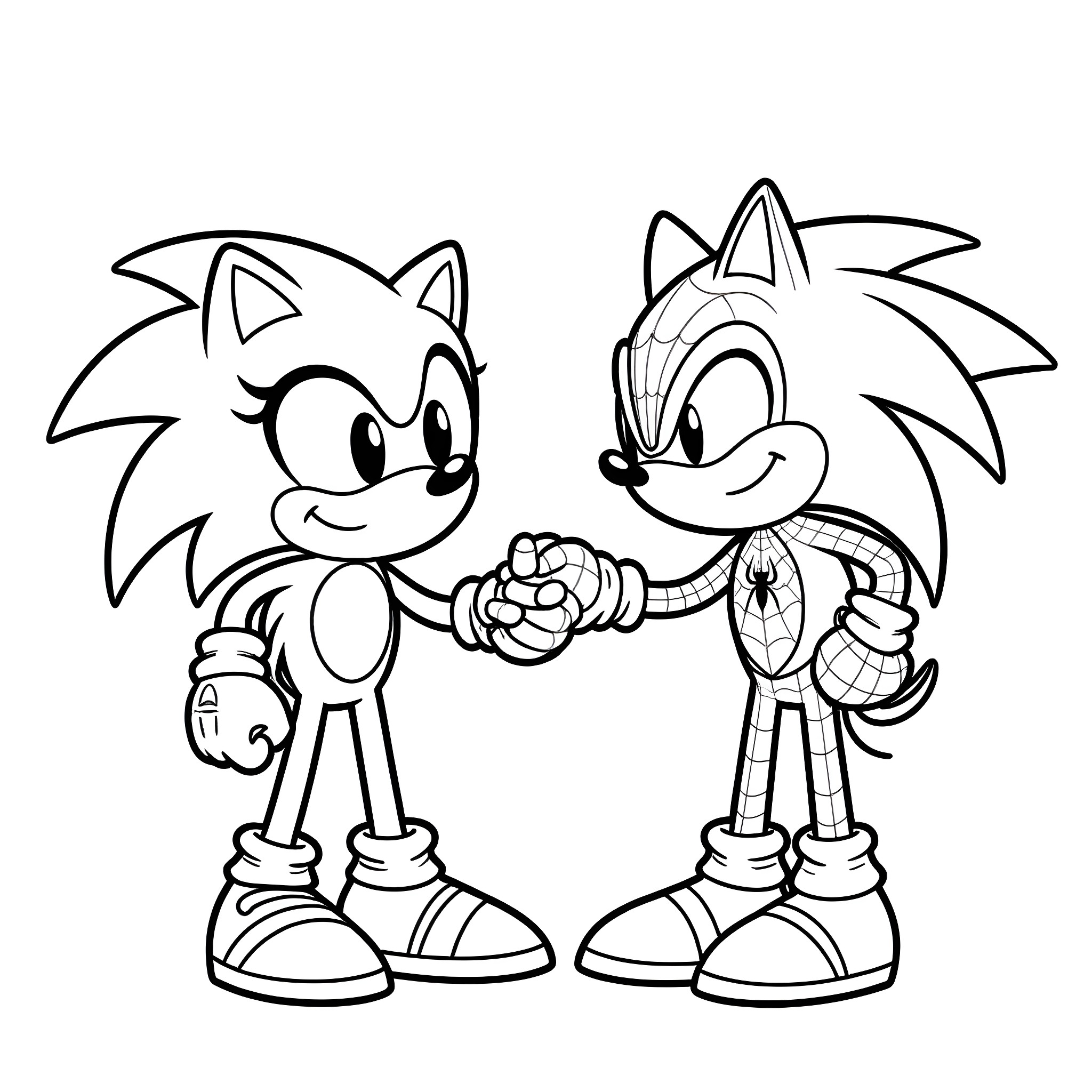 Sonic characters in playful pose Coloring Page (free black-and-white line drawing printable PDF for all, from beginners to advanced learners, including children, teens, adults, and seniors)