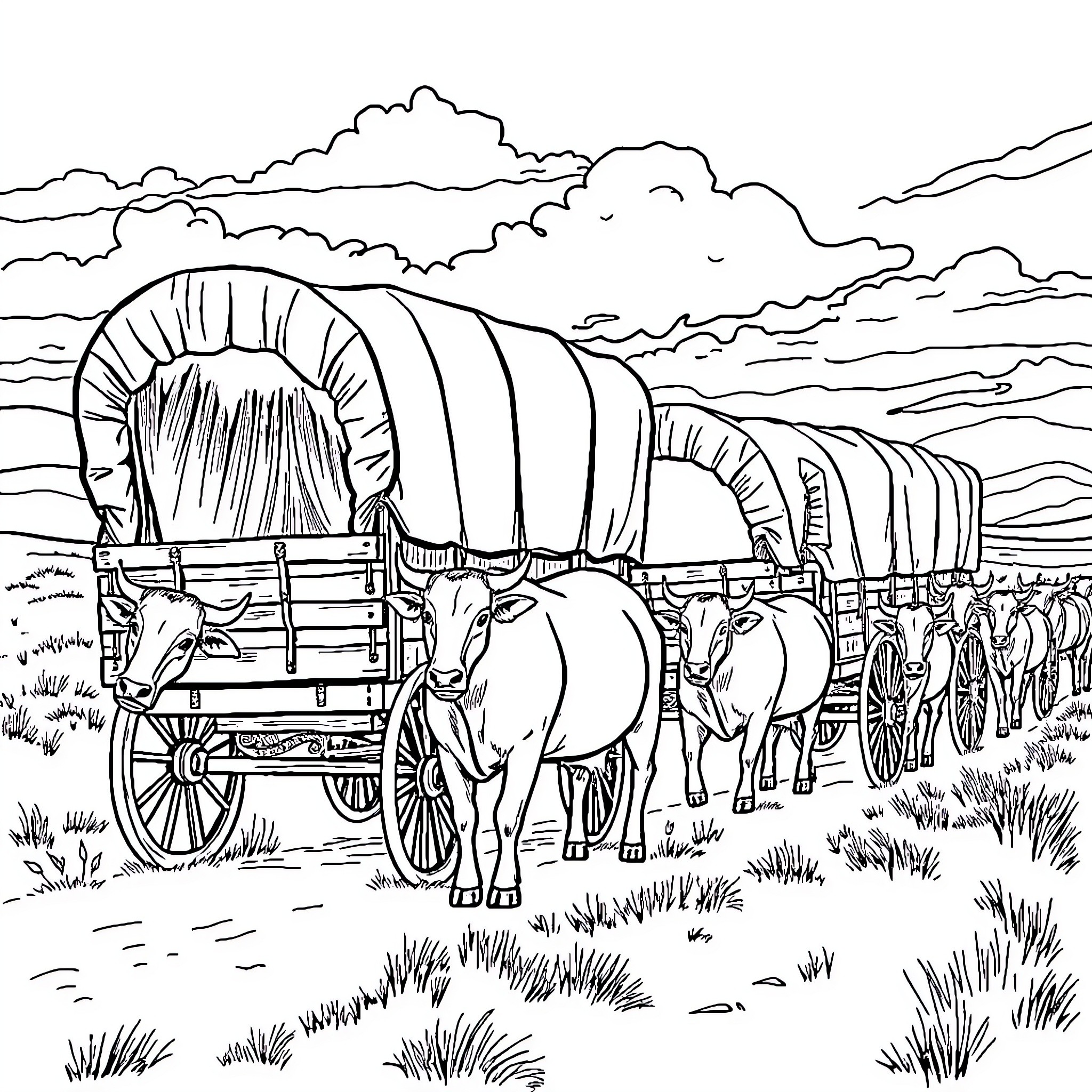 Wagon Train Crossing Scenic Landscape Coloring Page (free black-and-white line drawing printable PDF for all, from beginners to advanced learners, including children, teens, adults, and seniors)