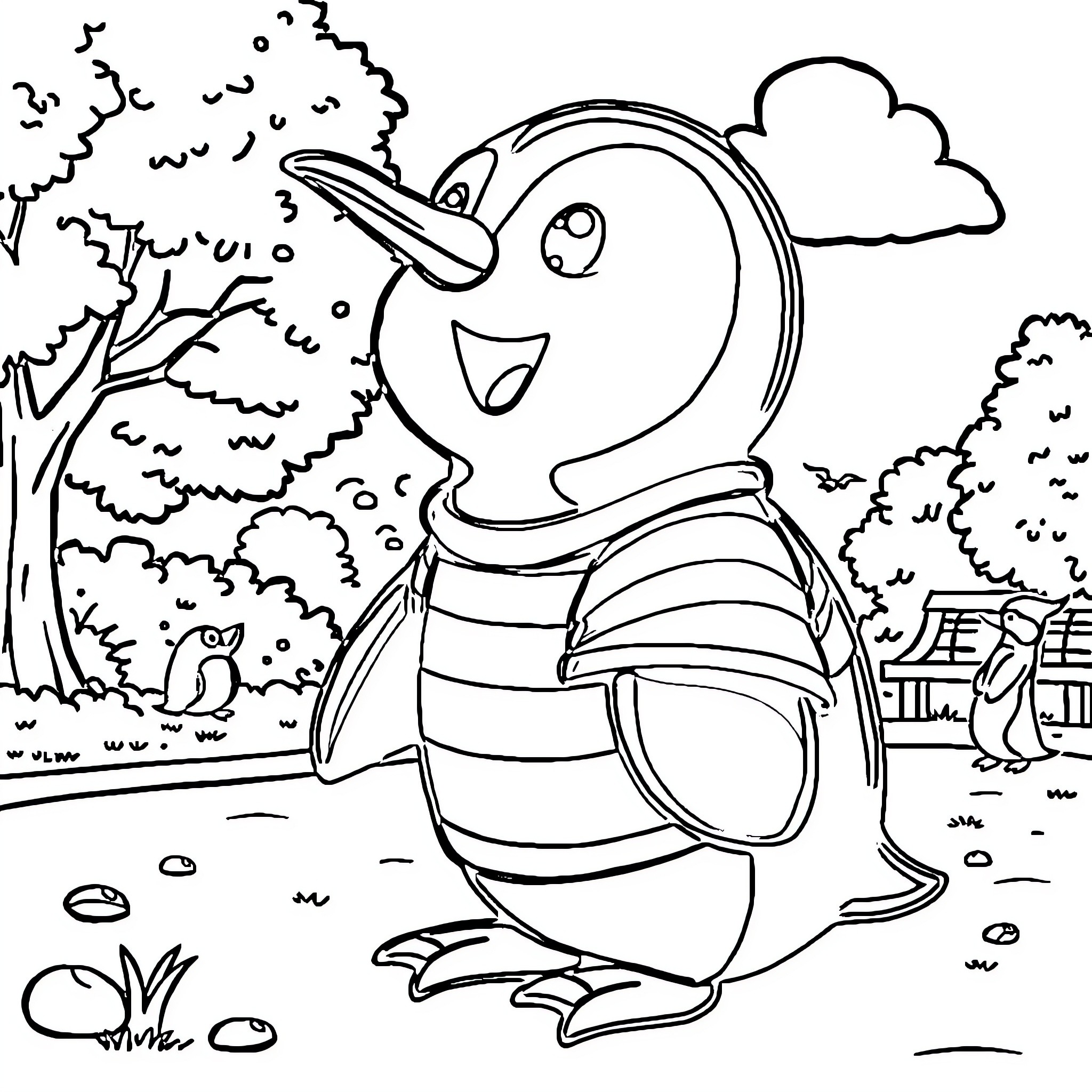 Tchoupi having fun in the park Coloring Page (free black-and-white line drawing printable PDF for all, from beginners to advanced learners, including children, teens, adults, and seniors)