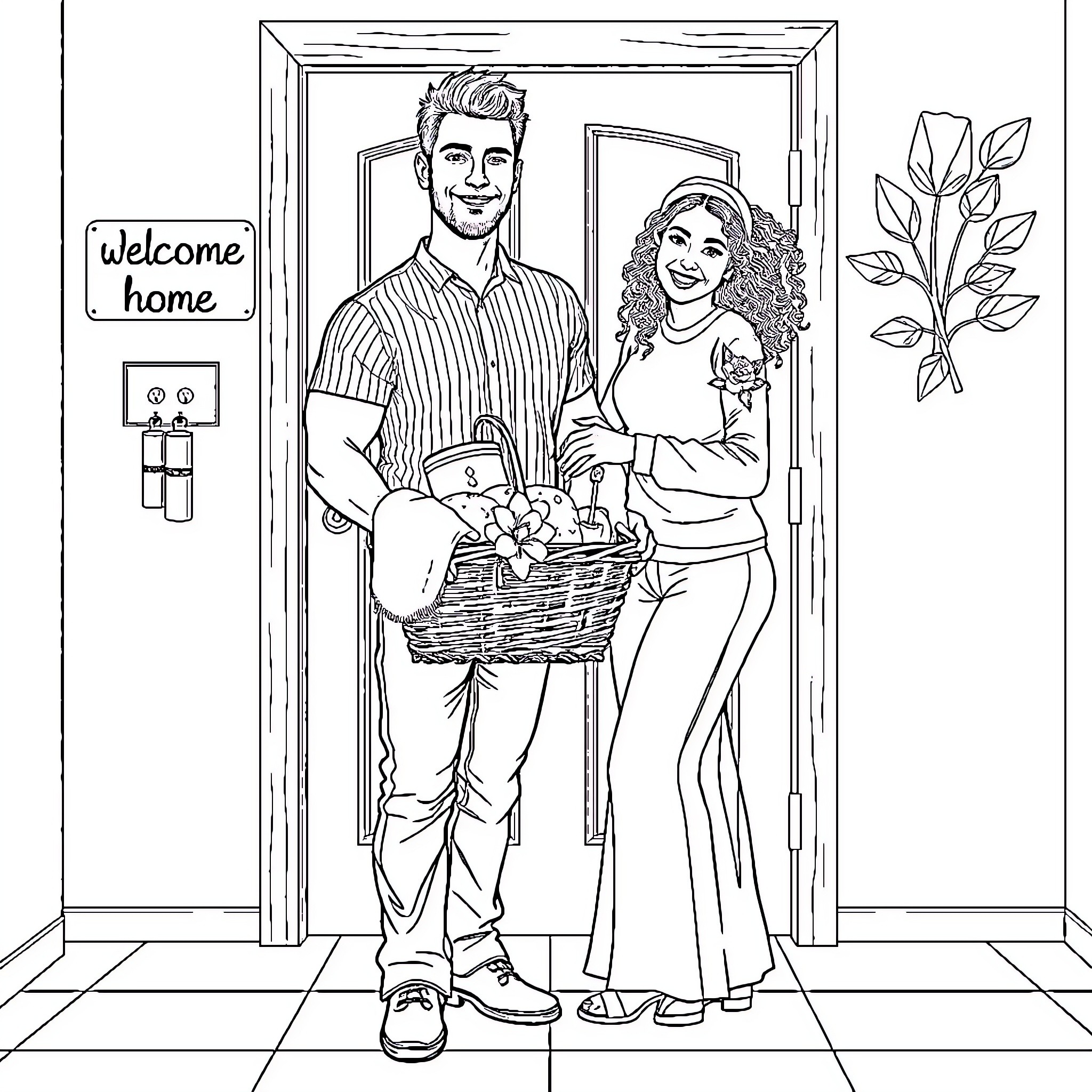 Couple arriving home with basket of goods Coloring Page (free black-and-white line drawing printable PDF for all, from beginners to advanced learners, including children, teens, adults, and seniors)
