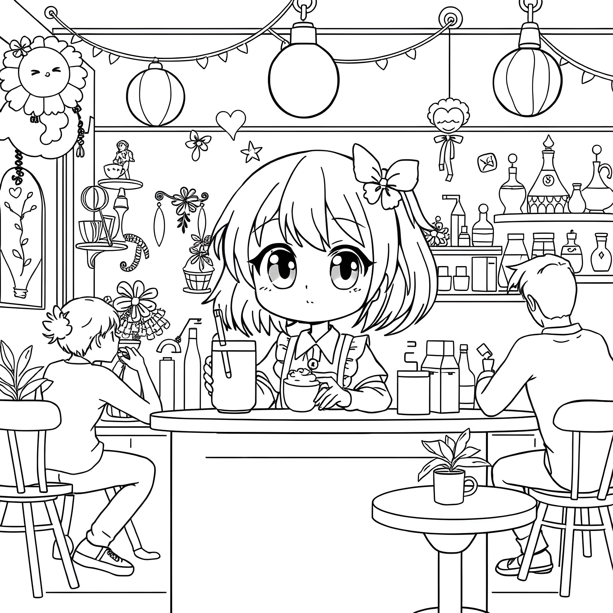 Anime Girl Relaxing in Cozy Cafe Setting Coloring Page (free black-and-white line drawing printable PDF for all, from beginners to advanced learners, including children, teens, adults, and seniors)