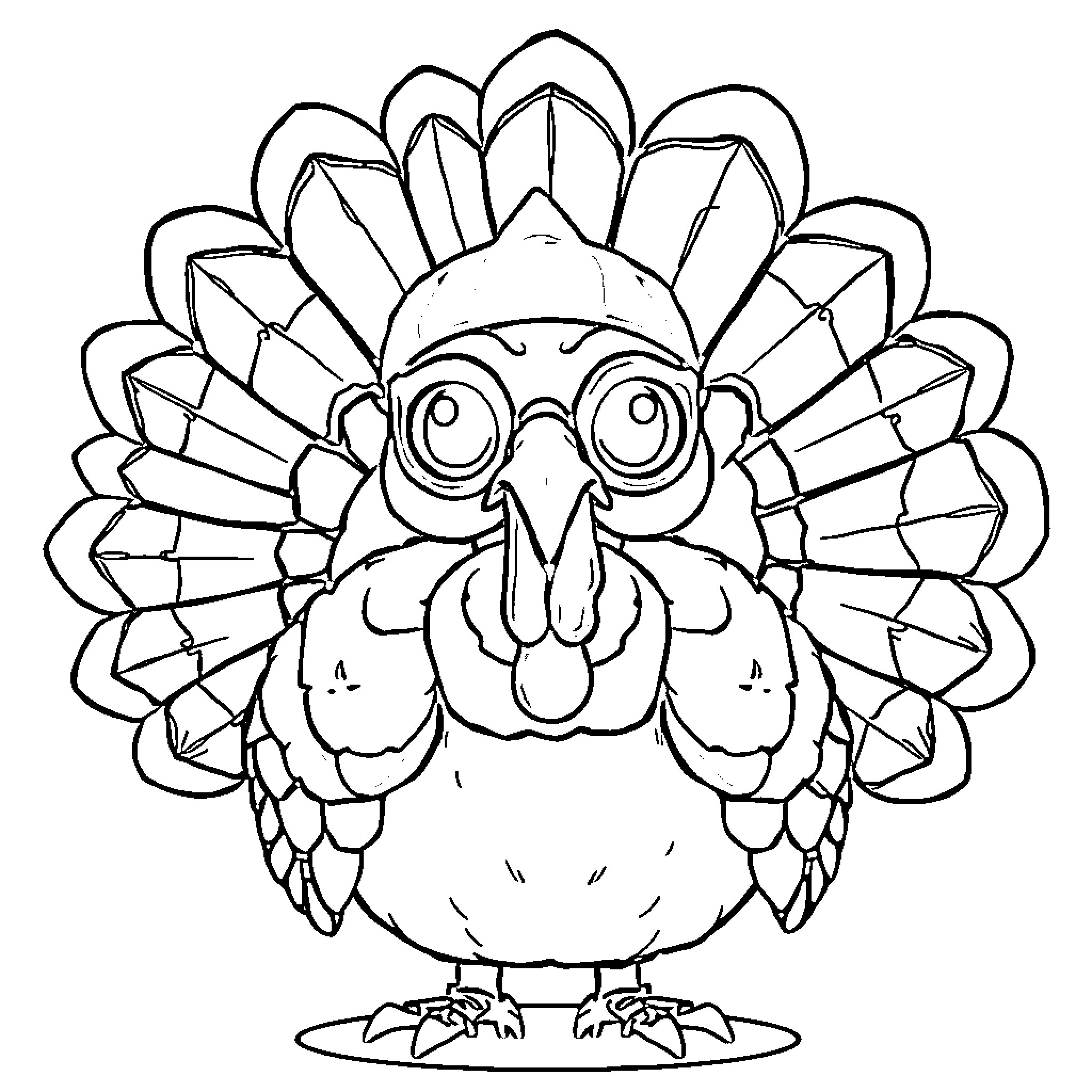 Turkey with Funny Facial Features and Elaborate Feathers Coloring Page (free black-and-white line drawing printable PDF for all, from beginners to advanced learners, including children, teens, adults, and seniors)