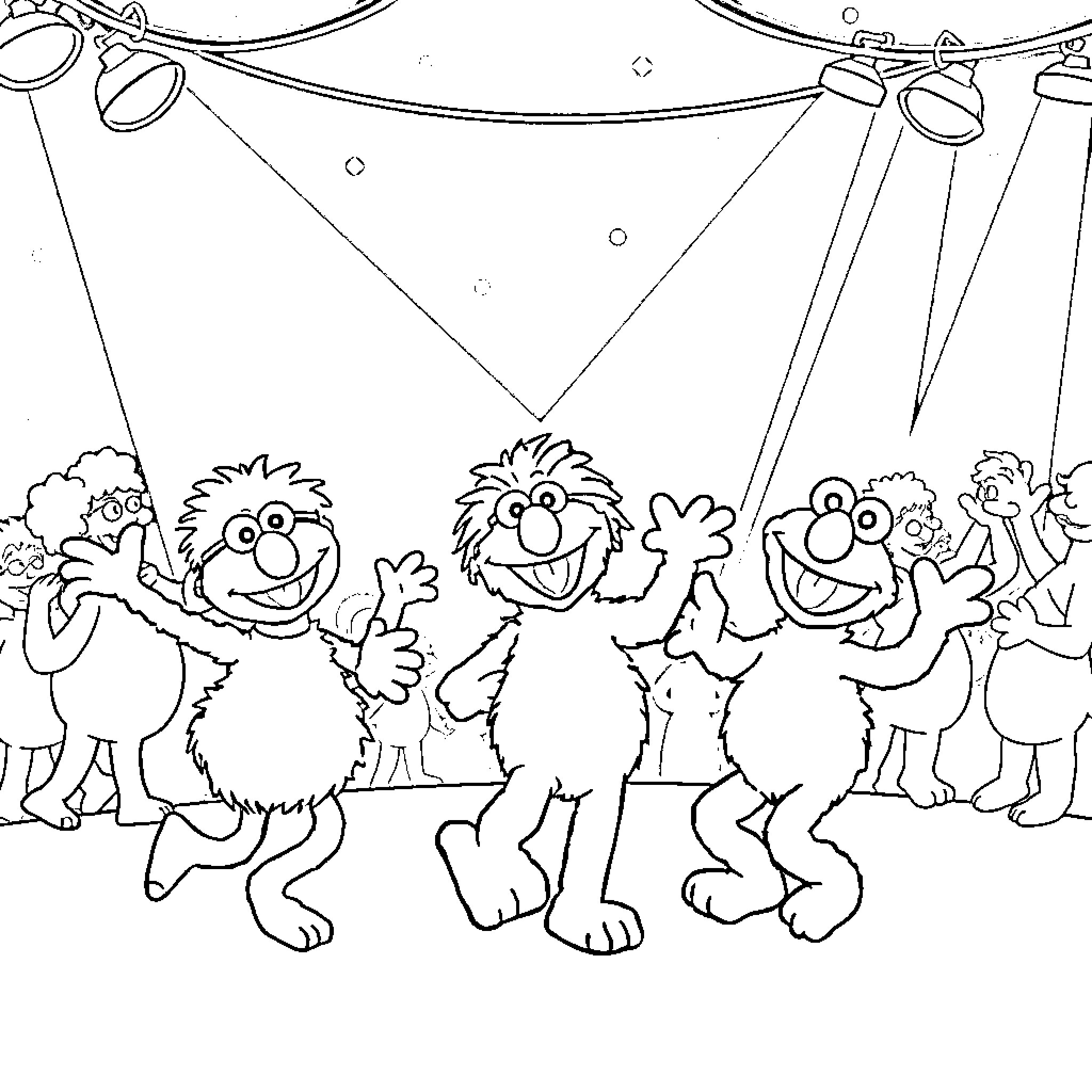 Sesame Street Characters Celebrating Together Coloring Page (free black-and-white line drawing printable PDF for all, from beginners to advanced learners, including children, teens, adults, and seniors)