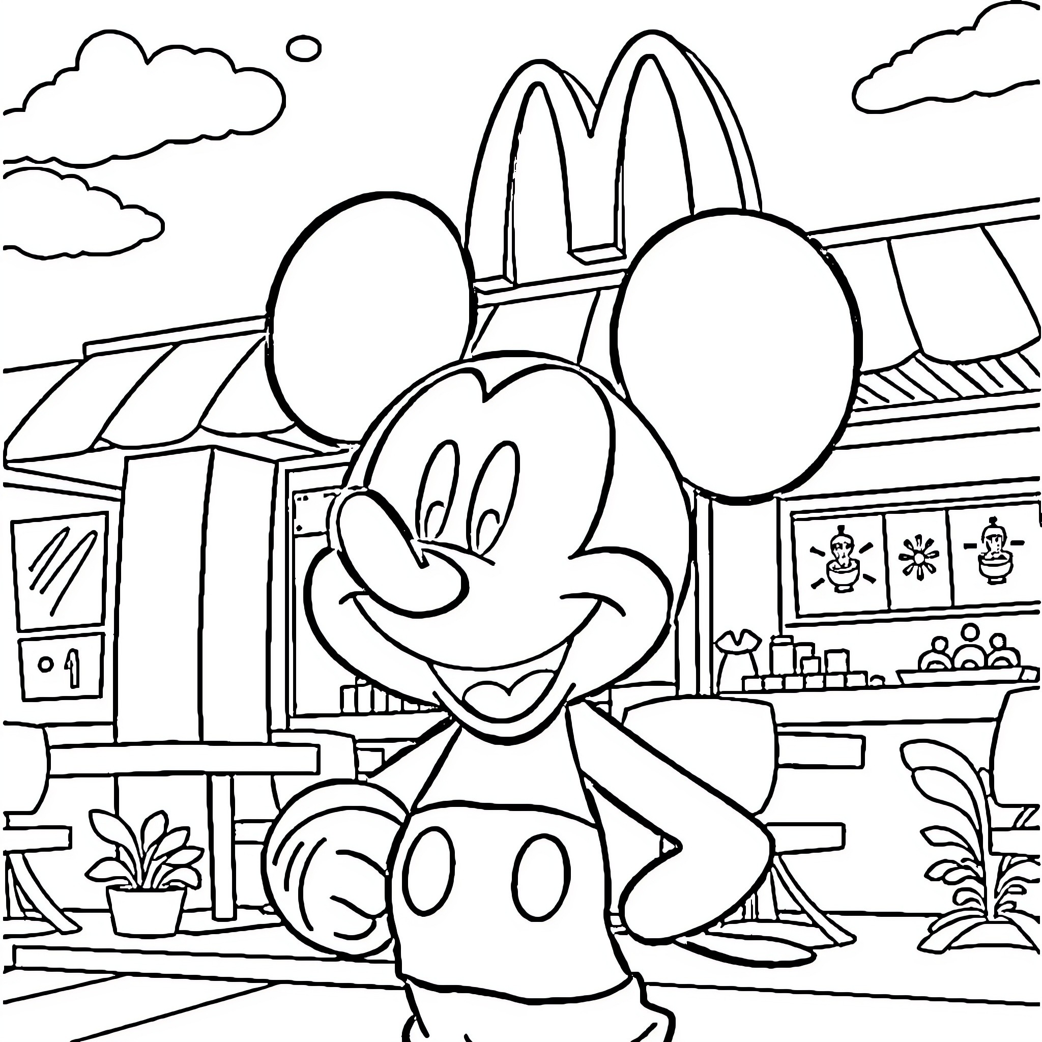 Mickey Mouse at a McDonald's restaurant Coloring Page (free black-and-white line drawing printable PDF for all, from beginners to advanced learners, including children, teens, adults, and seniors)
