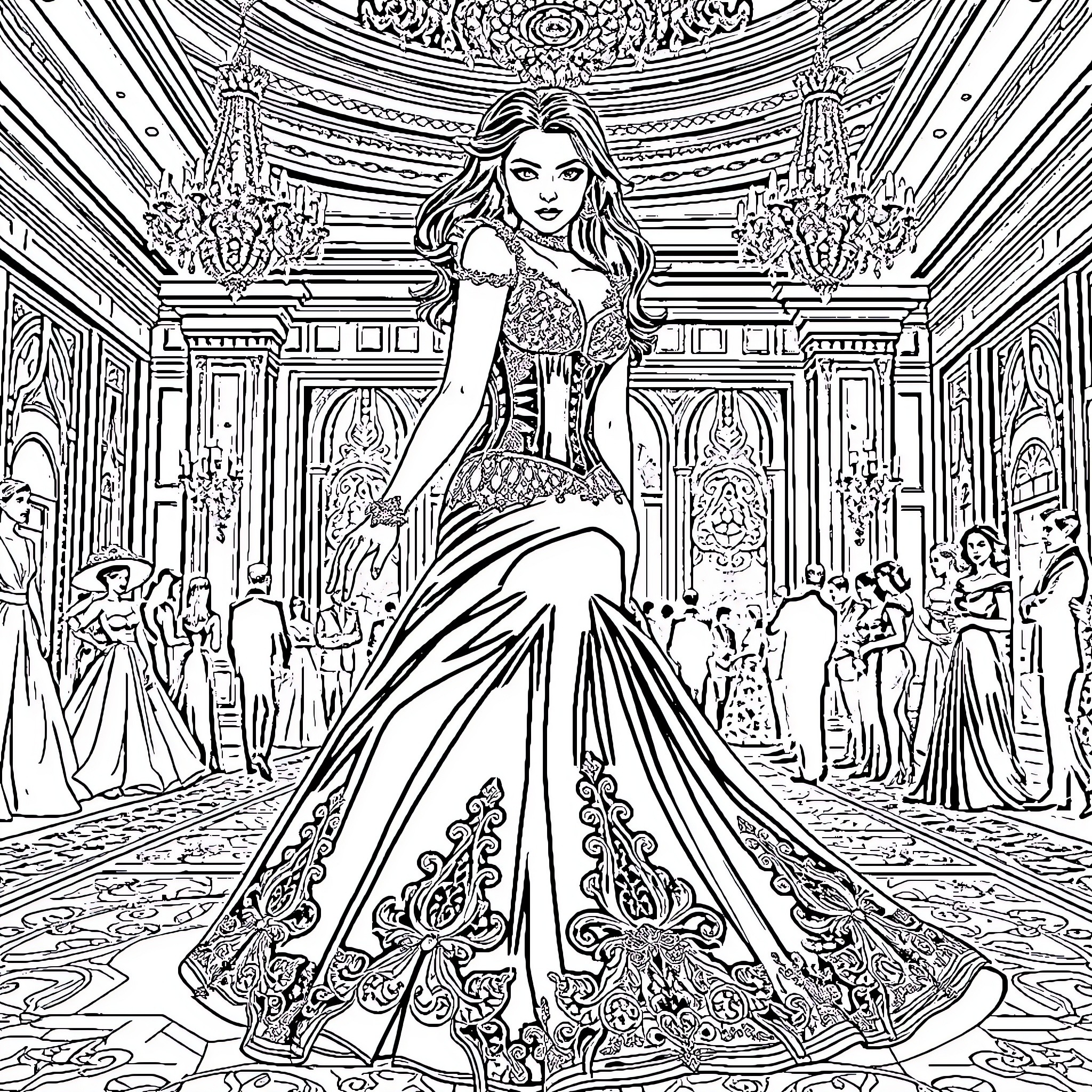 Black Widow Hostess Shining Brightly in Formal Ballroom Coloring Page (free black-and-white line drawing printable PDF for all, from beginners to advanced learners, including children, teens, adults, and seniors)