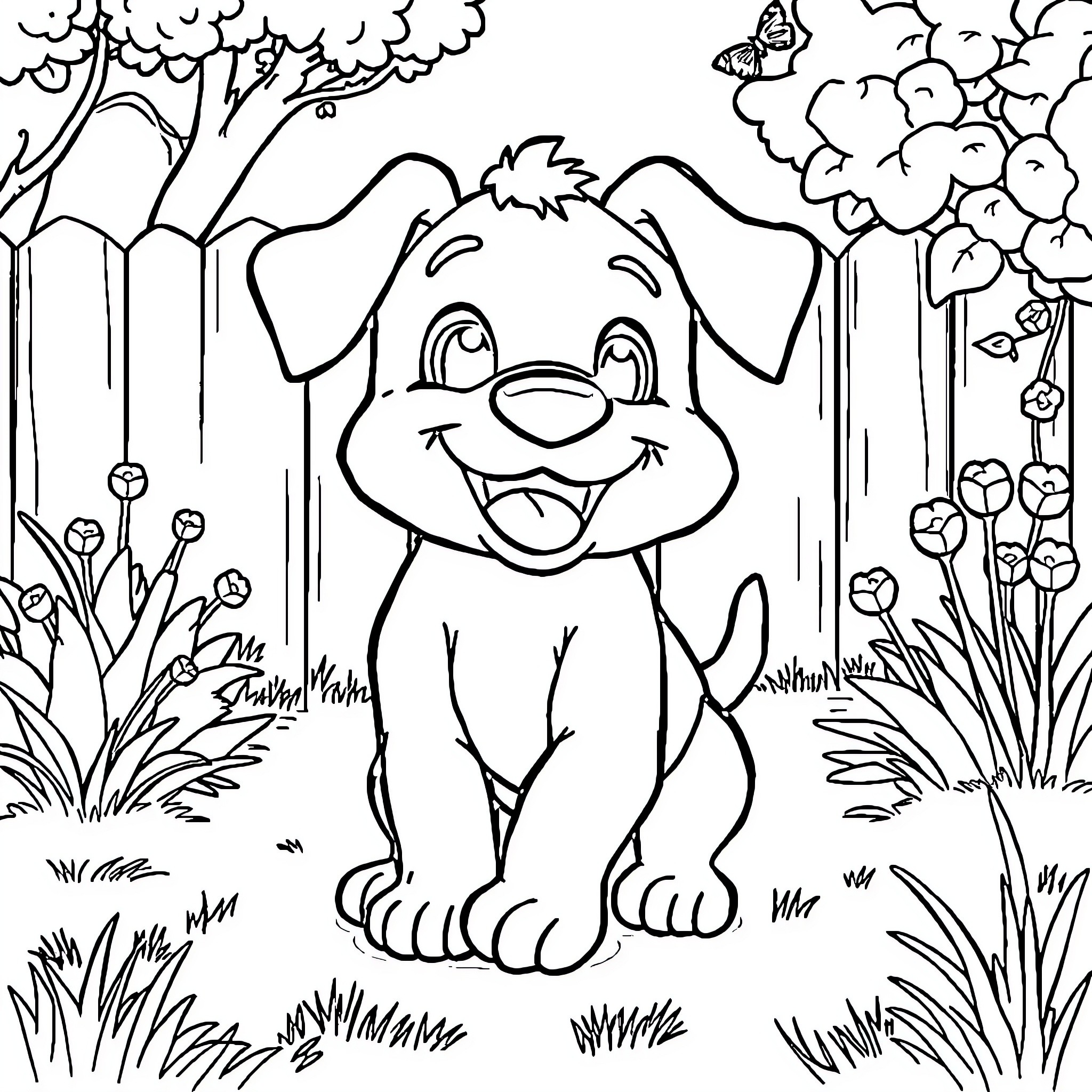 Bluey playing happily in the forest Coloring Page (free black-and-white line drawing printable PDF for all, from beginners to advanced learners, including children, teens, adults, and seniors)