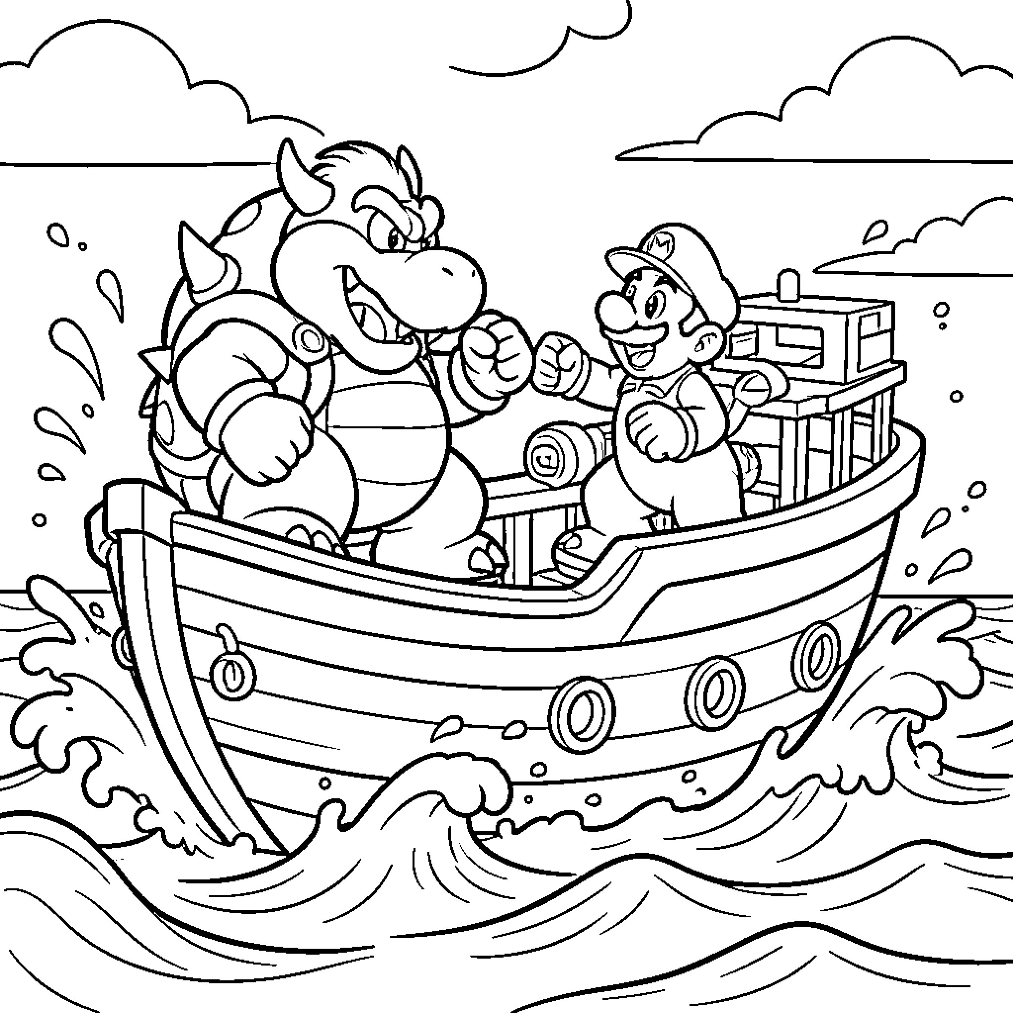 Bowser and Mario fighting on a small boat Coloring Page (free black-and-white line drawing printable PDF for all, from beginners to advanced learners, including children, teens, adults, and seniors)