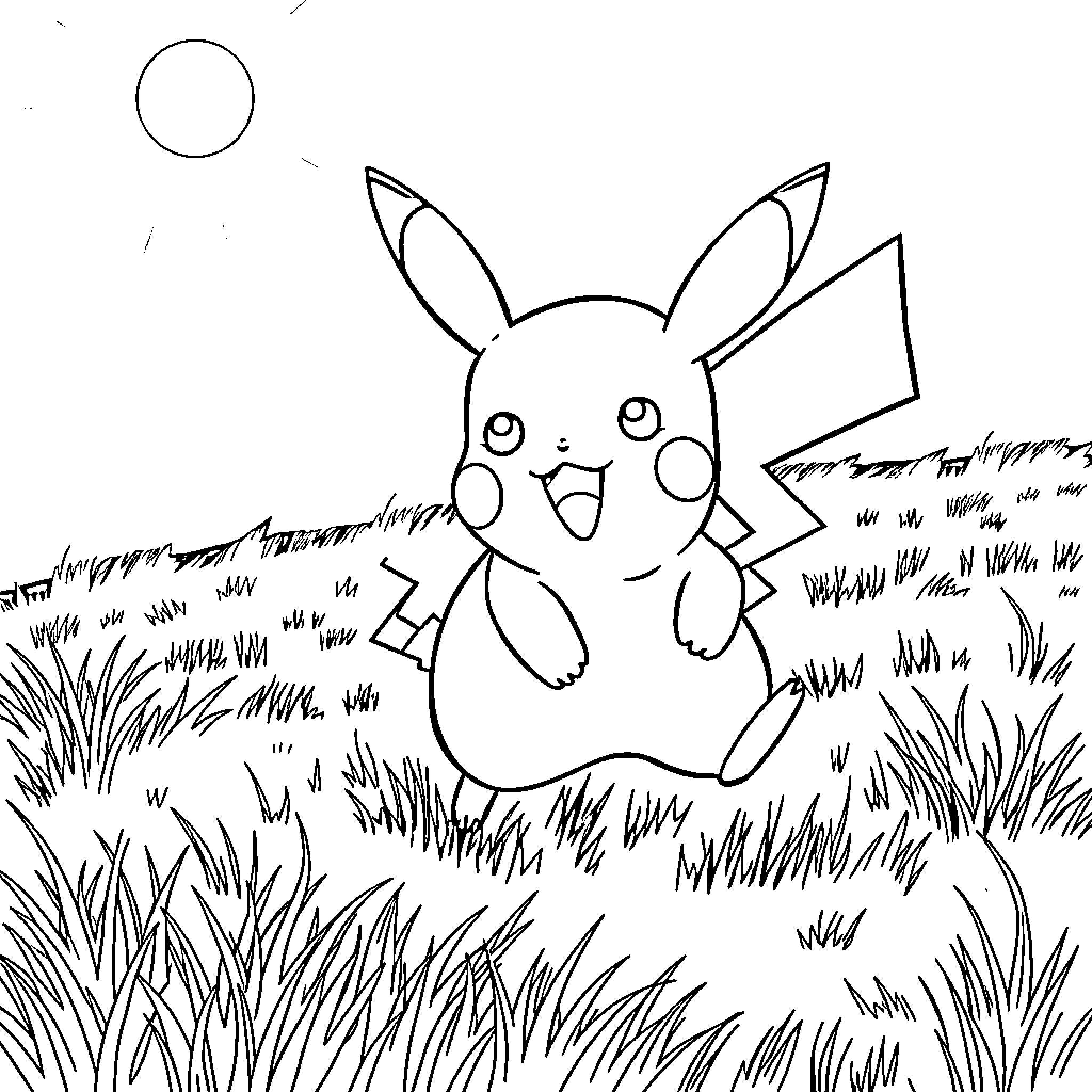 Pikachu sitting in a grassy field Coloring Page (free black-and-white line drawing printable PDF for all, from beginners to advanced learners, including children, teens, adults, and seniors)