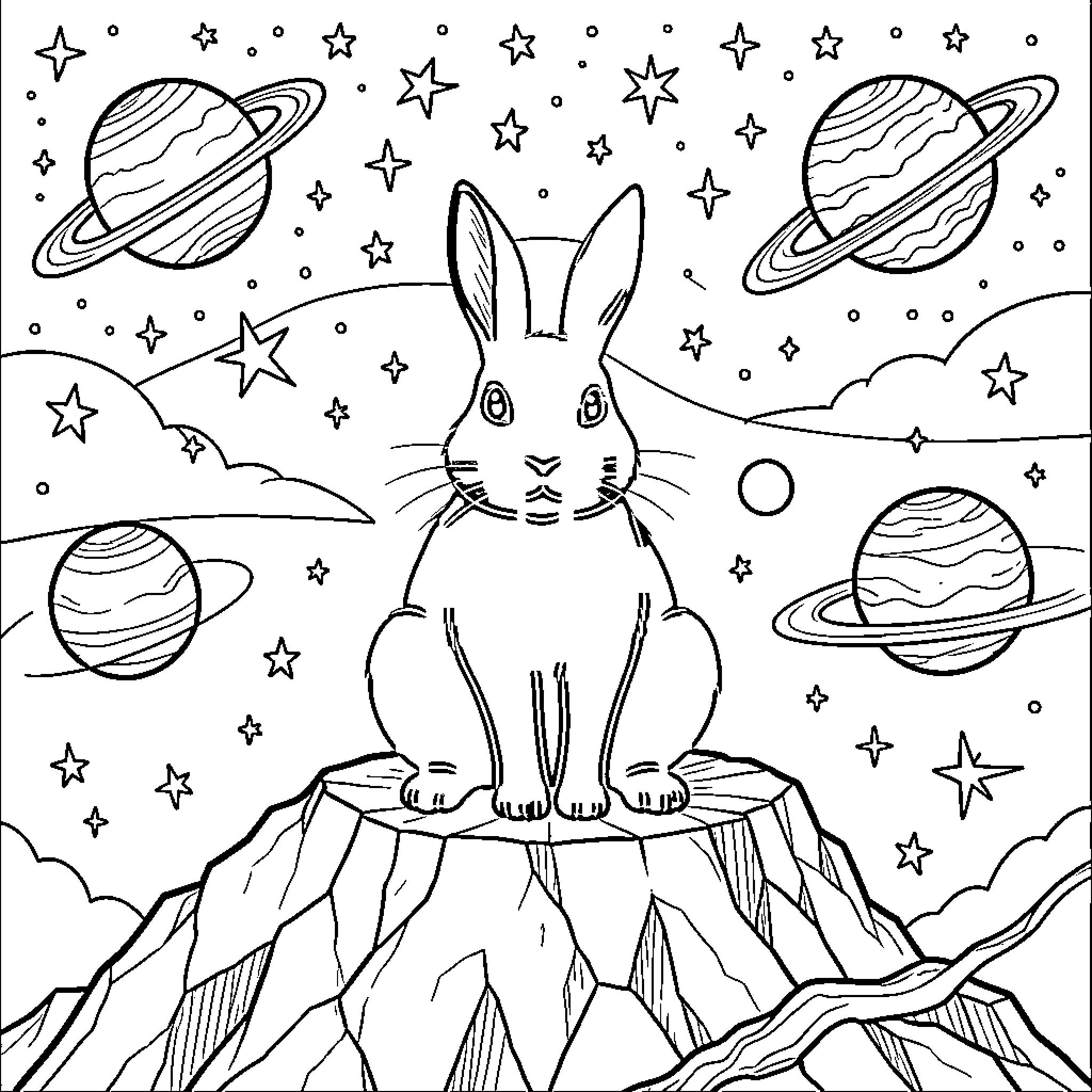 Rabbit gazing at the starry night sky Coloring Page (free black-and-white line drawing printable PDF for all, from beginners to advanced learners, including children, teens, adults, and seniors)
