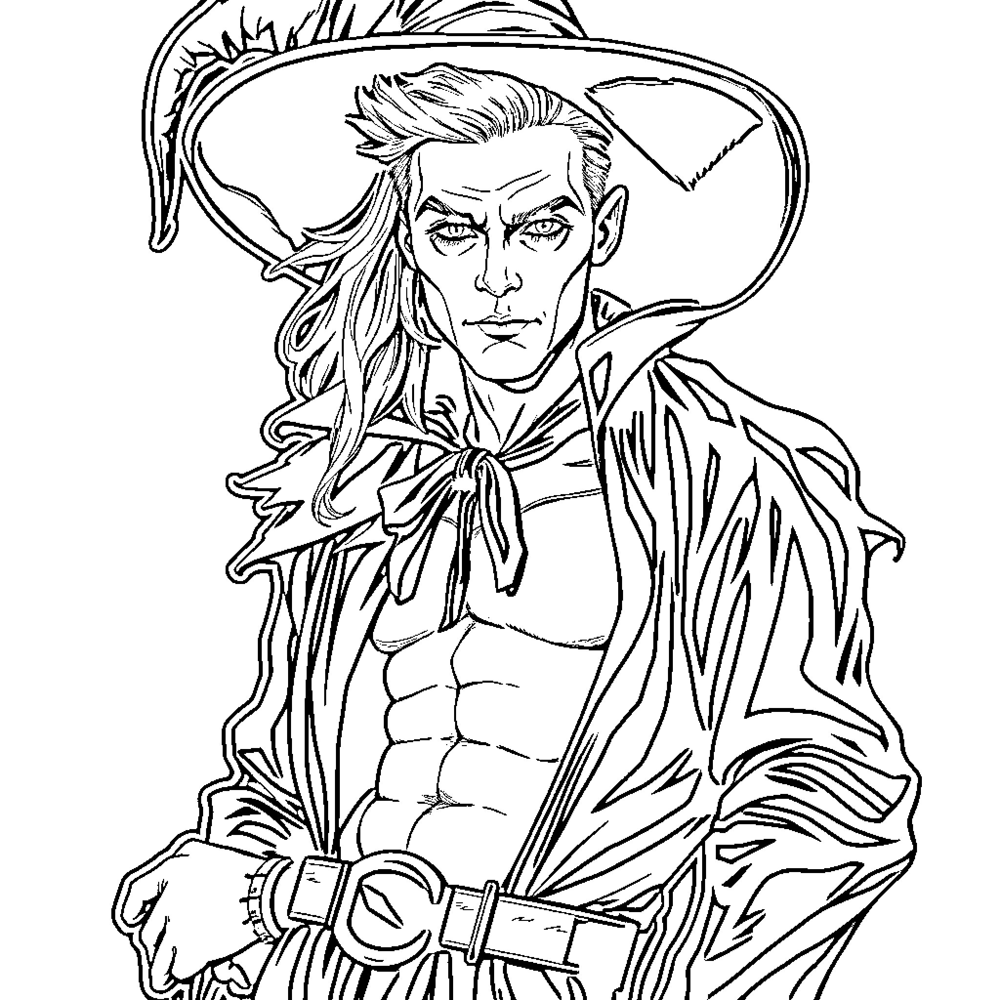 Pin-Up Pirate with Flowing Locks and Dramatic Pose Coloring Page (free black-and-white line drawing printable PDF for all, from beginners to advanced learners, including children, teens, adults, and seniors)
