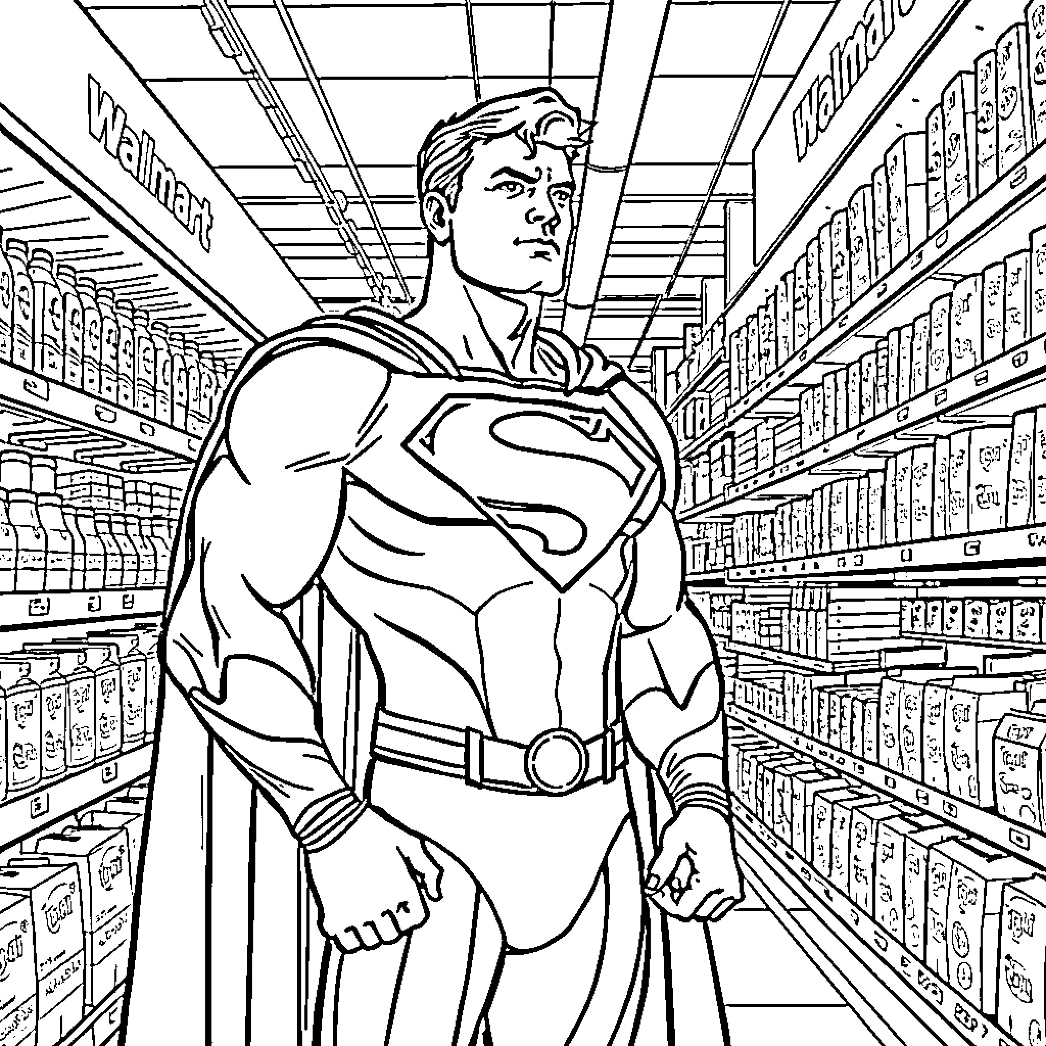 Superman patrolling the supermarket aisles Coloring Page (free black-and-white line drawing printable PDF for all, from beginners to advanced learners, including children, teens, adults, and seniors)