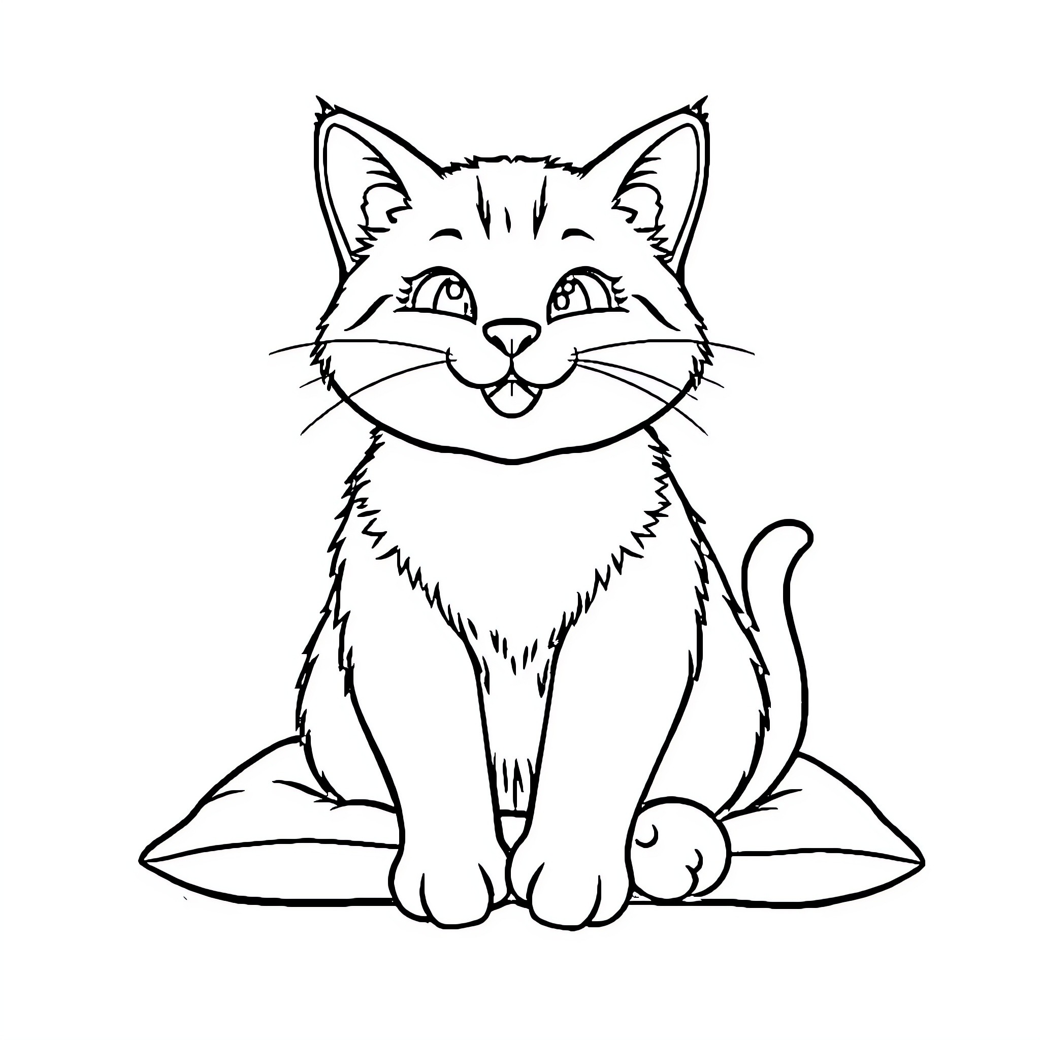 Cat sitting happily with smiling expression Coloring Page (free black-and-white line drawing printable PDF for all, from beginners to advanced learners, including children, teens, adults, and seniors)