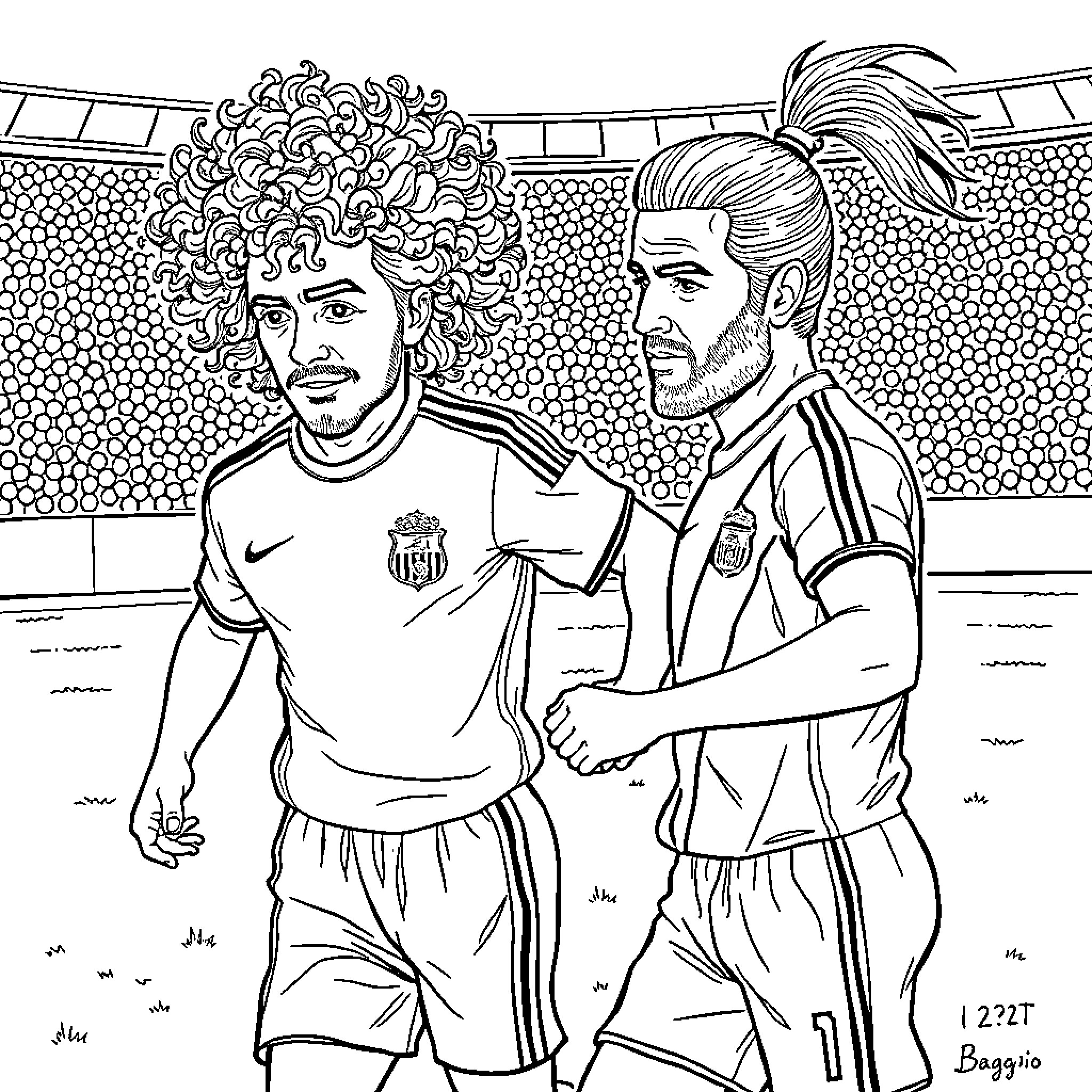 Valderrama: Soccer Players in Stadium Coloring Page (free black-and-white line drawing printable PDF for all, from beginners to advanced learners, including children, teens, adults, and seniors)