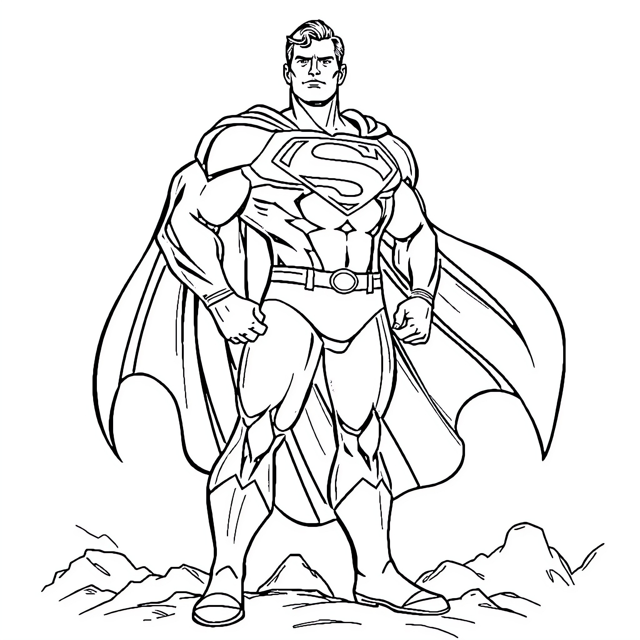 Superman posing heroically in the wilderness Coloring Page (free black-and-white line drawing printable PDF for all, from beginners to advanced learners, including children, teens, adults, and seniors)