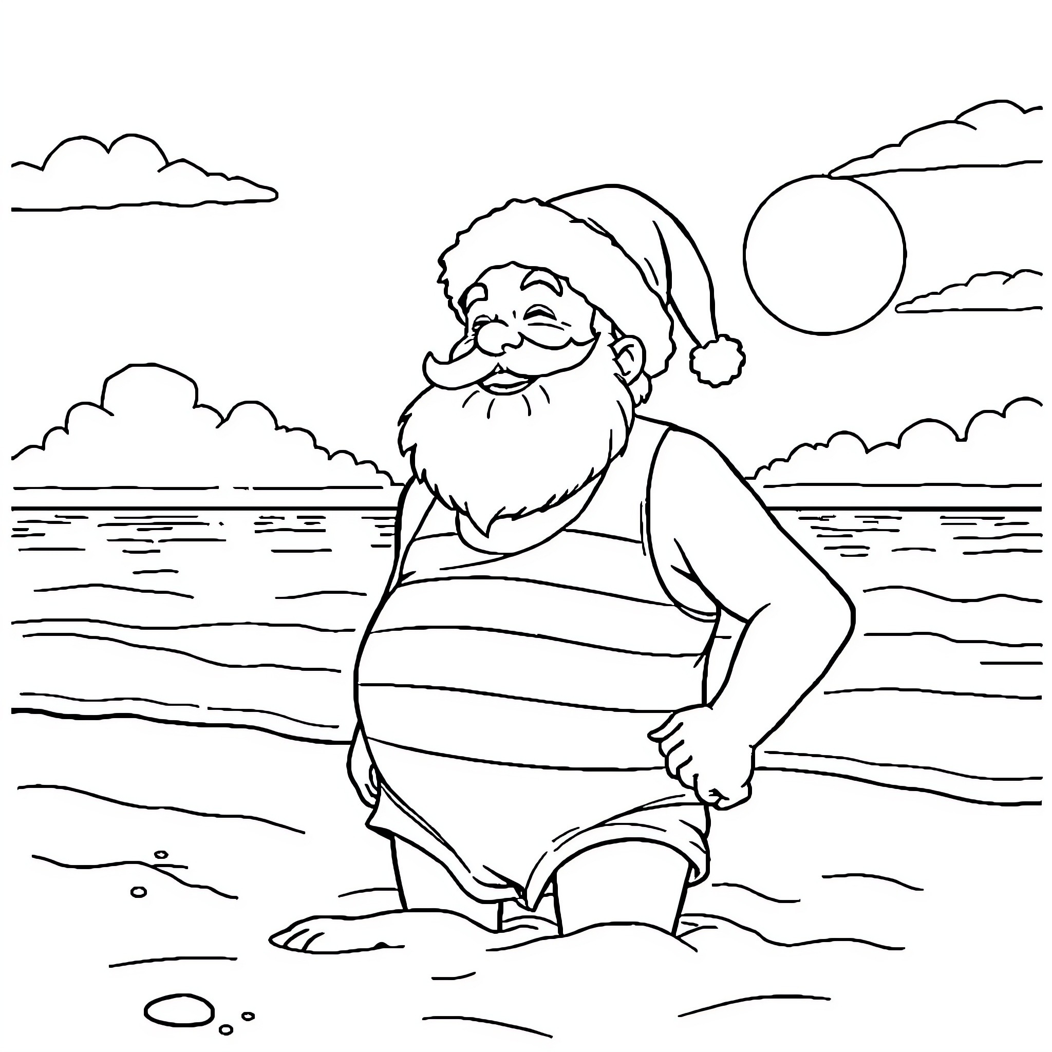 Santa enjoys the beach on a sunny day Coloring Page (free black-and-white line drawing printable PDF for all, from beginners to advanced learners, including children, teens, adults, and seniors)