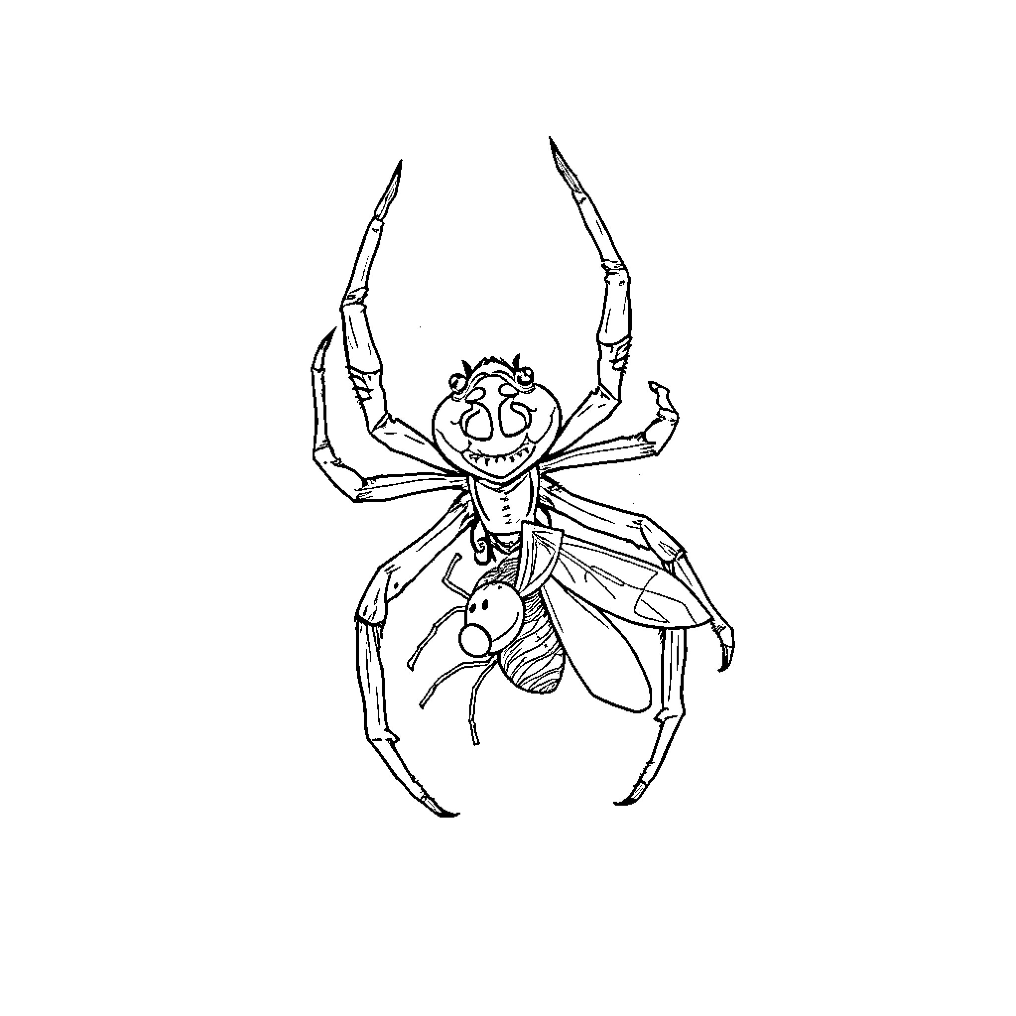 Spider with comical expression and cartoon-like appearance Coloring Page (free black-and-white line drawing printable PDF for all, from beginners to advanced learners, including children, teens, adults, and seniors)