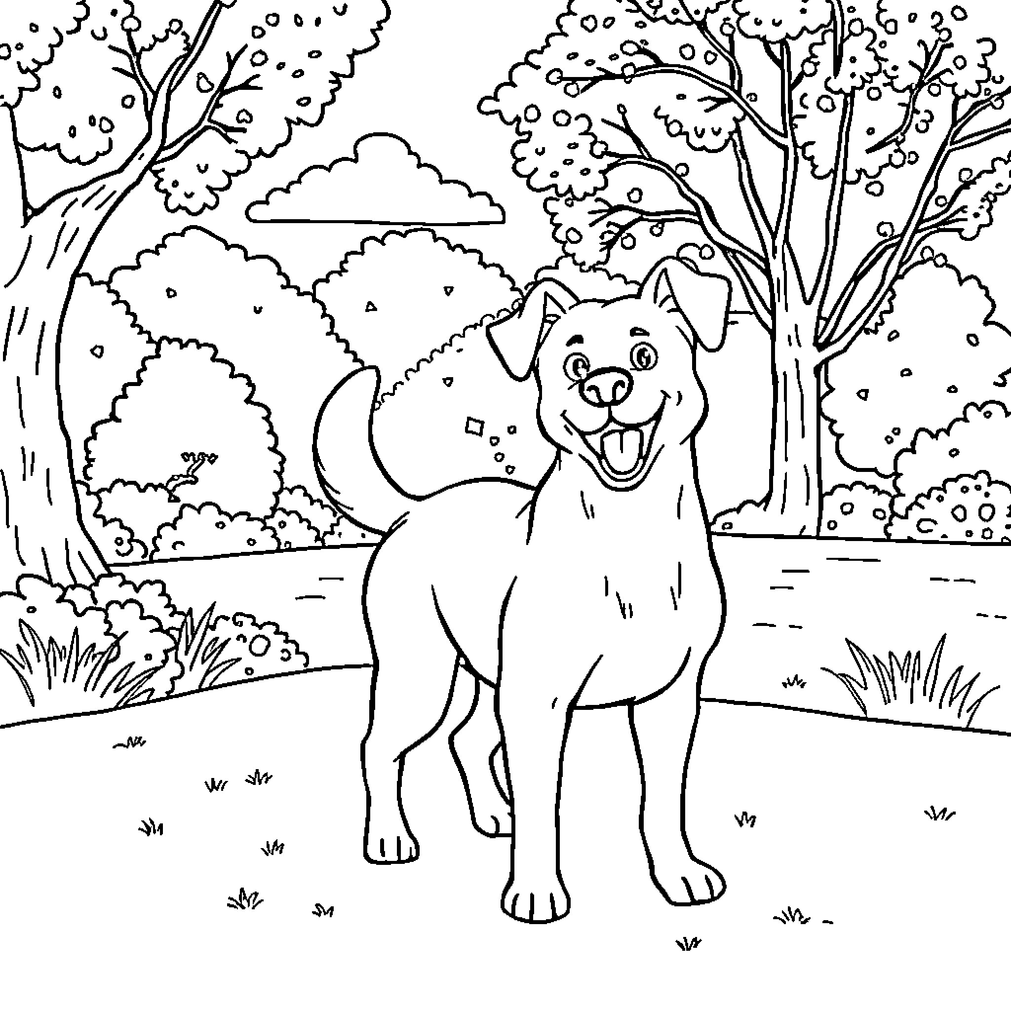 Dog playing happily in the snowy forest Coloring Page (free black-and-white line drawing printable PDF for all, from beginners to advanced learners, including children, teens, adults, and seniors)