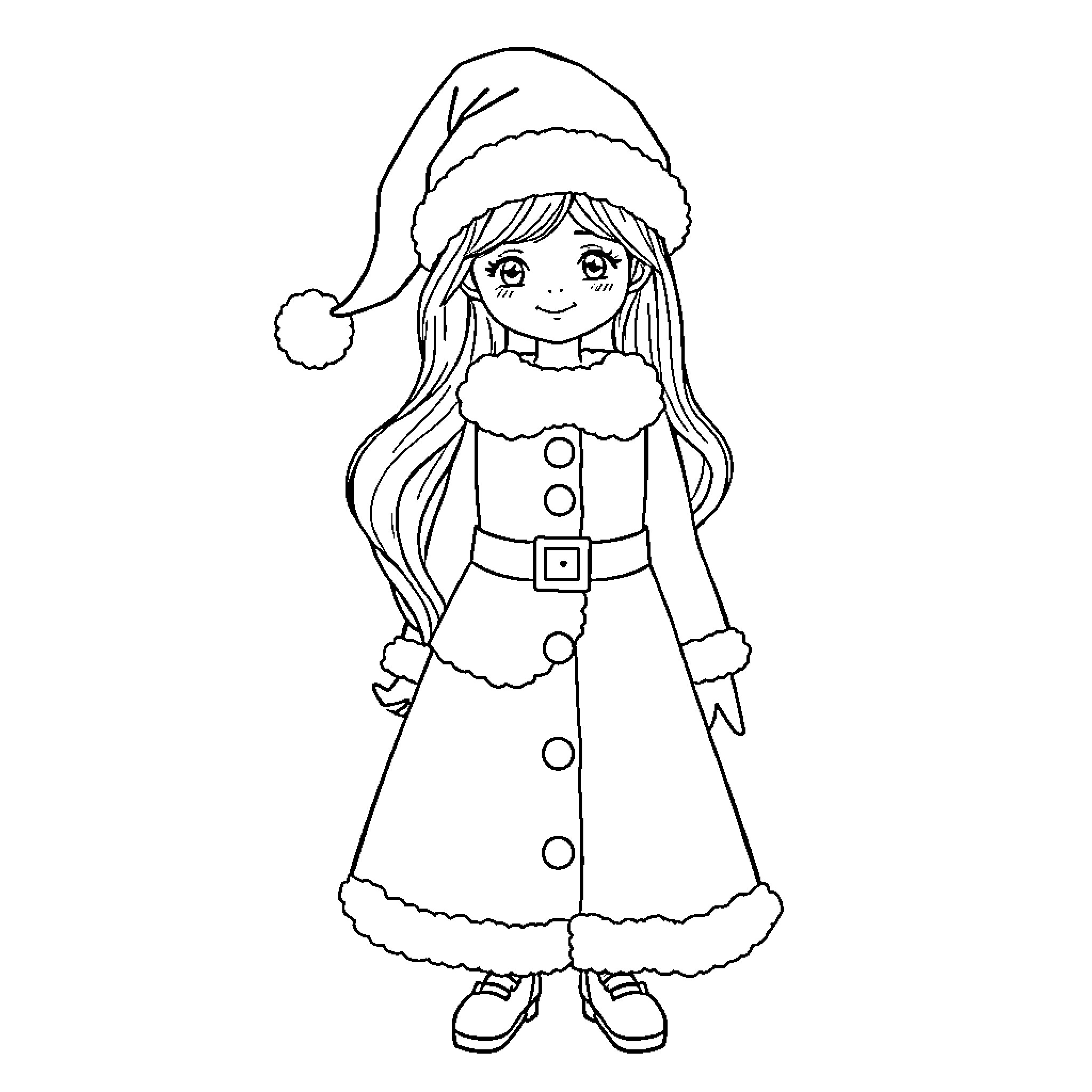 Girl Santa Claus in festive outfit Coloring Page (free black-and-white line drawing printable PDF for all, from beginners to advanced learners, including children, teens, adults, and seniors)