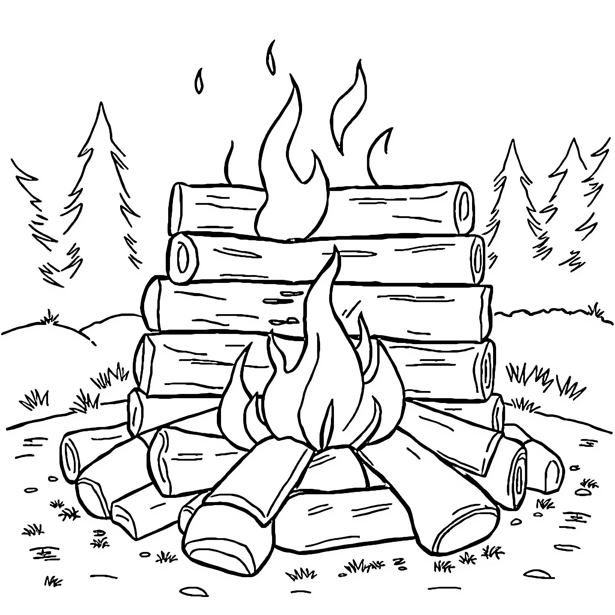 Log Cabin Campfire in the Woods Coloring Page (free black-and-white line drawing printable PDF for all, from beginners to advanced learners, including children, teens, adults, and seniors)