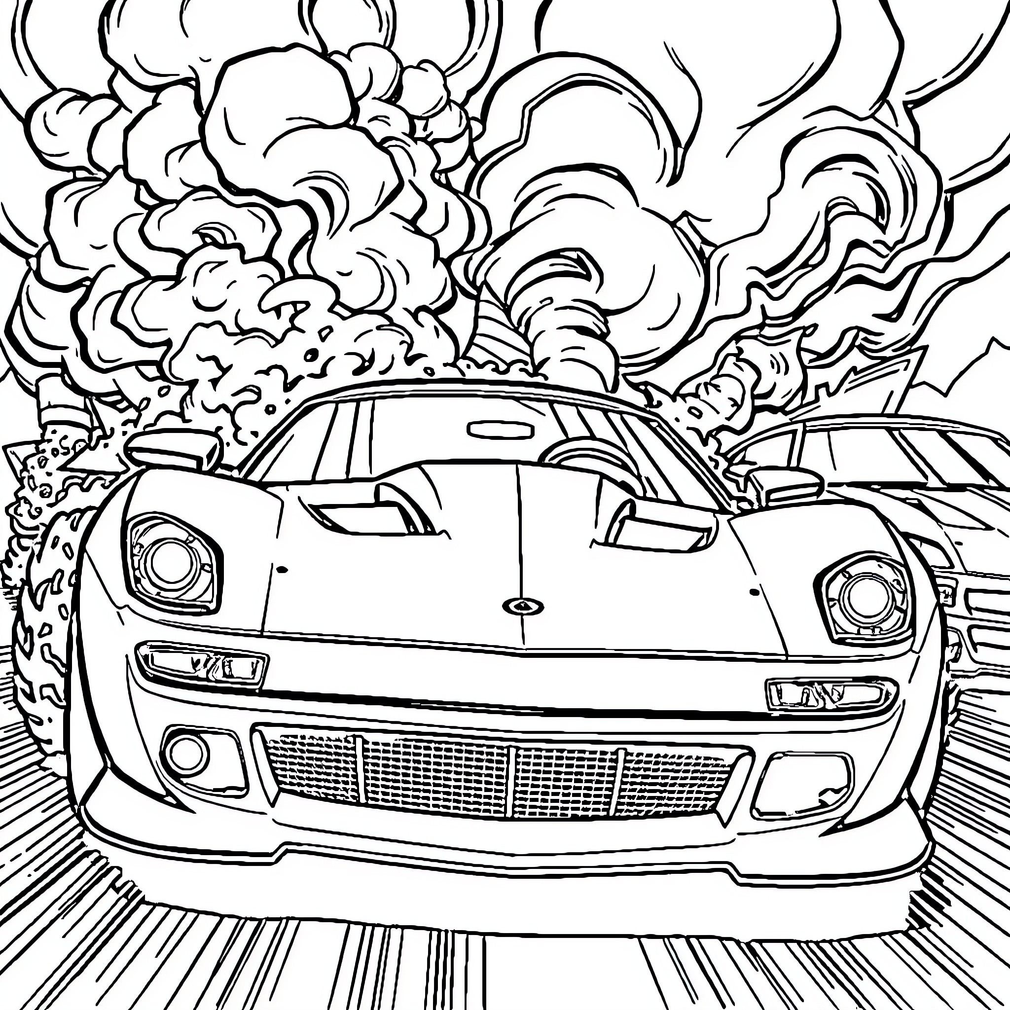 Car in Dramatic Explosion Scene Coloring Page (free black-and-white line drawing printable PDF for all, from beginners to advanced learners, including children, teens, adults, and seniors)