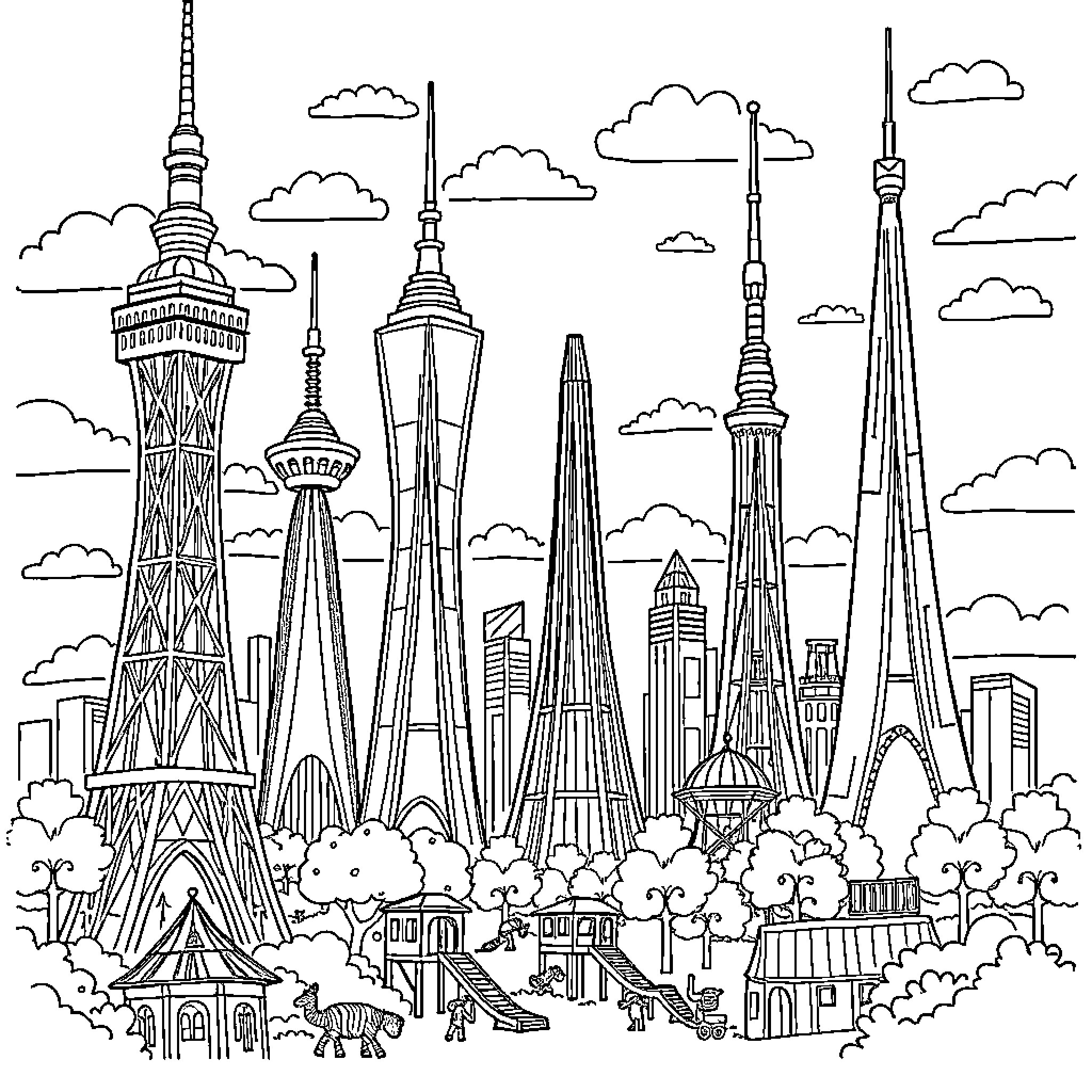 Tower of Towers in the Cityscape Coloring Page (free black-and-white line drawing printable PDF for all, from beginners to advanced learners, including children, teens, adults, and seniors)