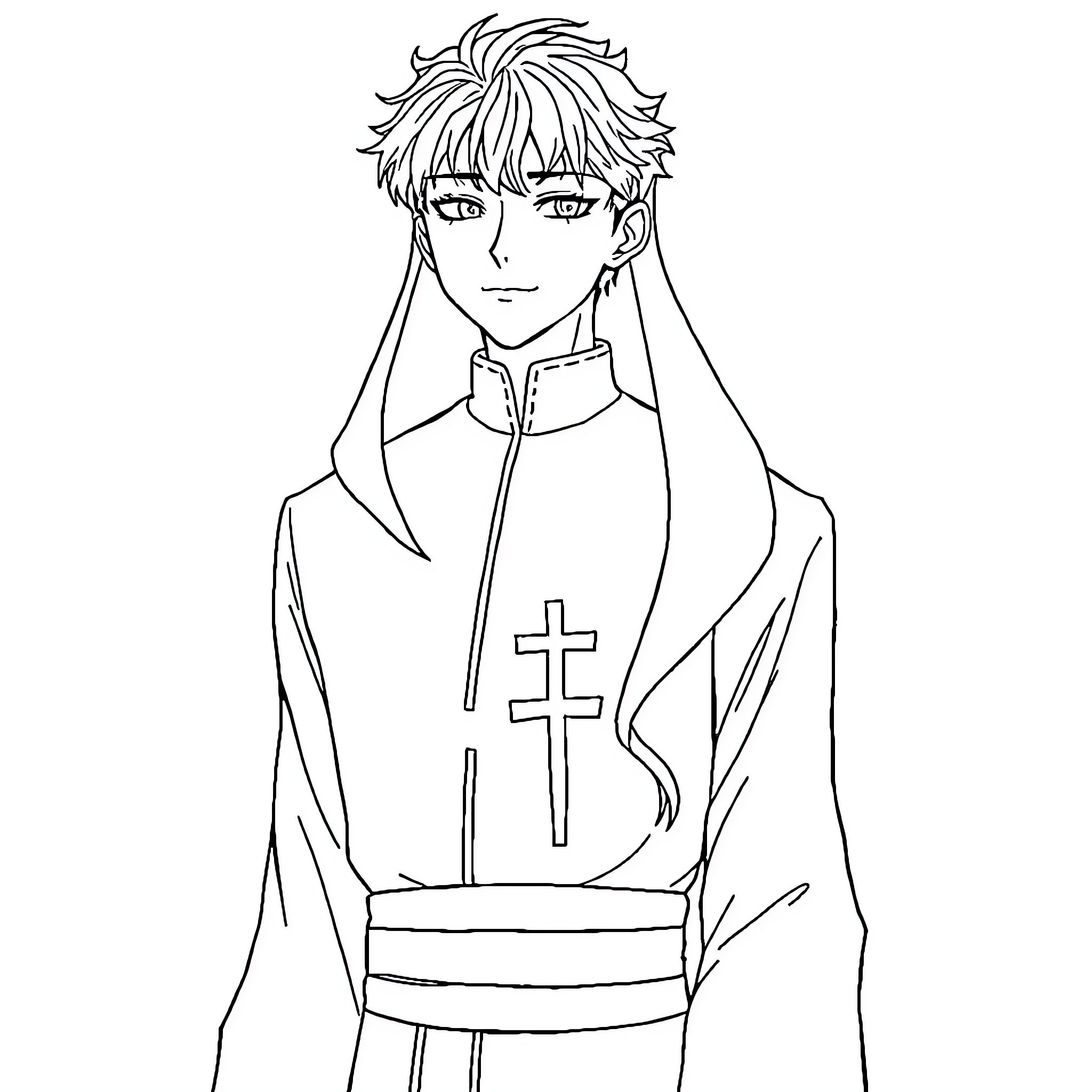 Chaeunwoo wearing a clerical robe with a cross Coloring Page (free black-and-white line drawing printable PDF for all, from beginners to advanced learners, including children, teens, adults, and seniors)