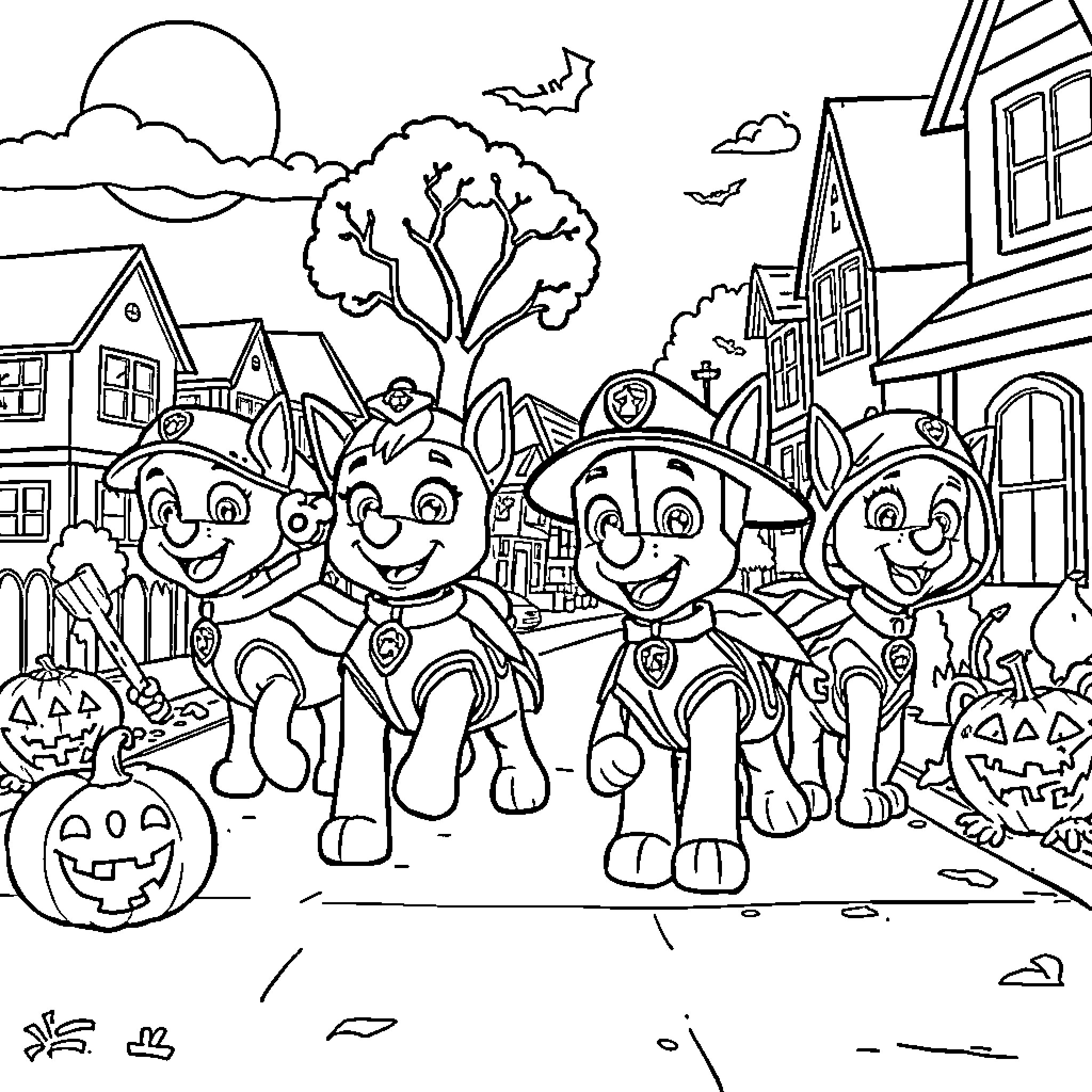 Paw Patrol Characters Celebrating Halloween Coloring Page (free black-and-white line drawing printable PDF for all, from beginners to advanced learners, including children, teens, adults, and seniors)