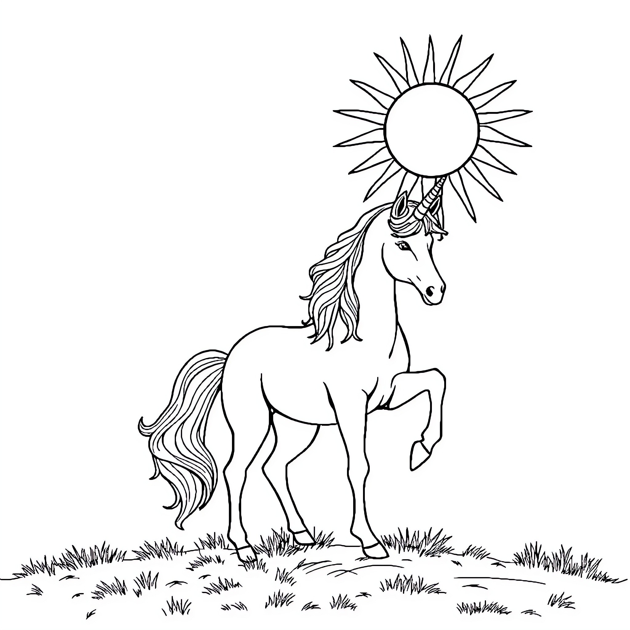 Unicorn galloping under the sun Coloring Page (free black-and-white line drawing printable PDF for all, from beginners to advanced learners, including children, teens, adults, and seniors)