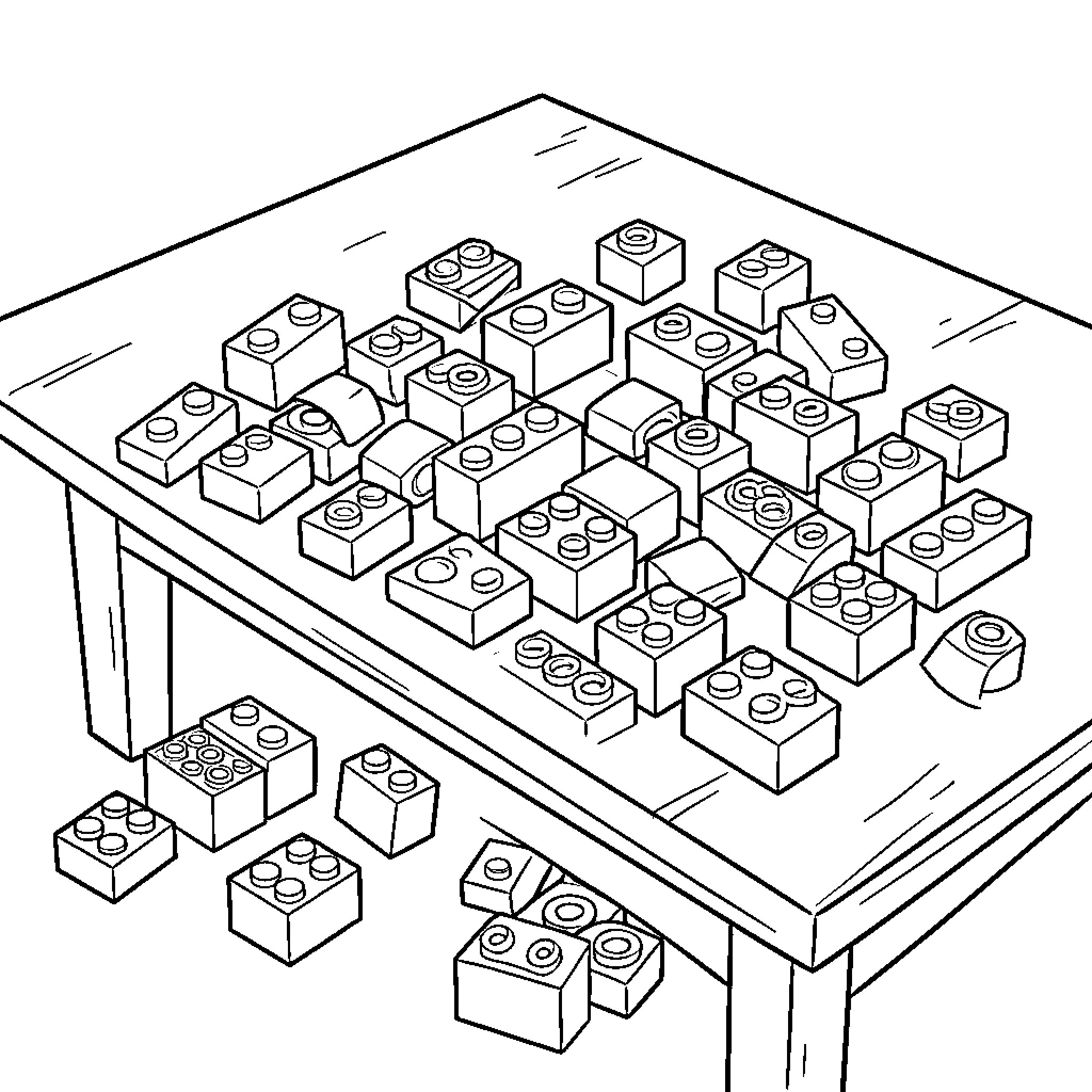 Lego bricks scattered on a table Coloring Page (free black-and-white line drawing printable PDF for all, from beginners to advanced learners, including children, teens, adults, and seniors)