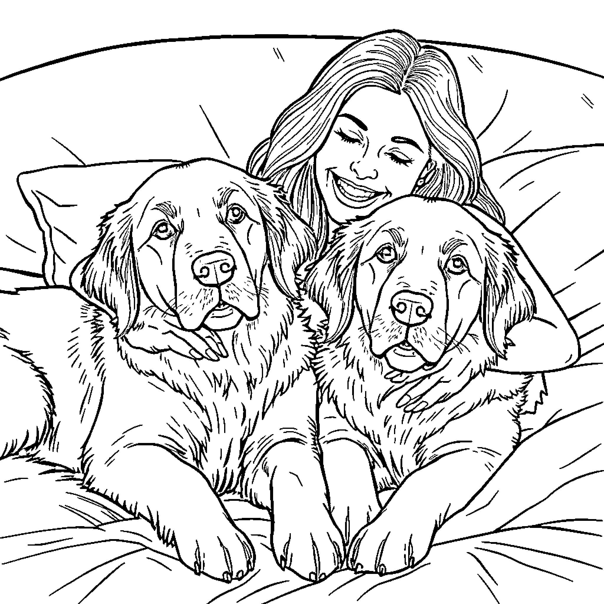 Retriever companions enjoying a cozy moment with their human Coloring Page (free black-and-white line drawing printable PDF for all, from beginners to advanced learners, including children, teens, adults, and seniors)