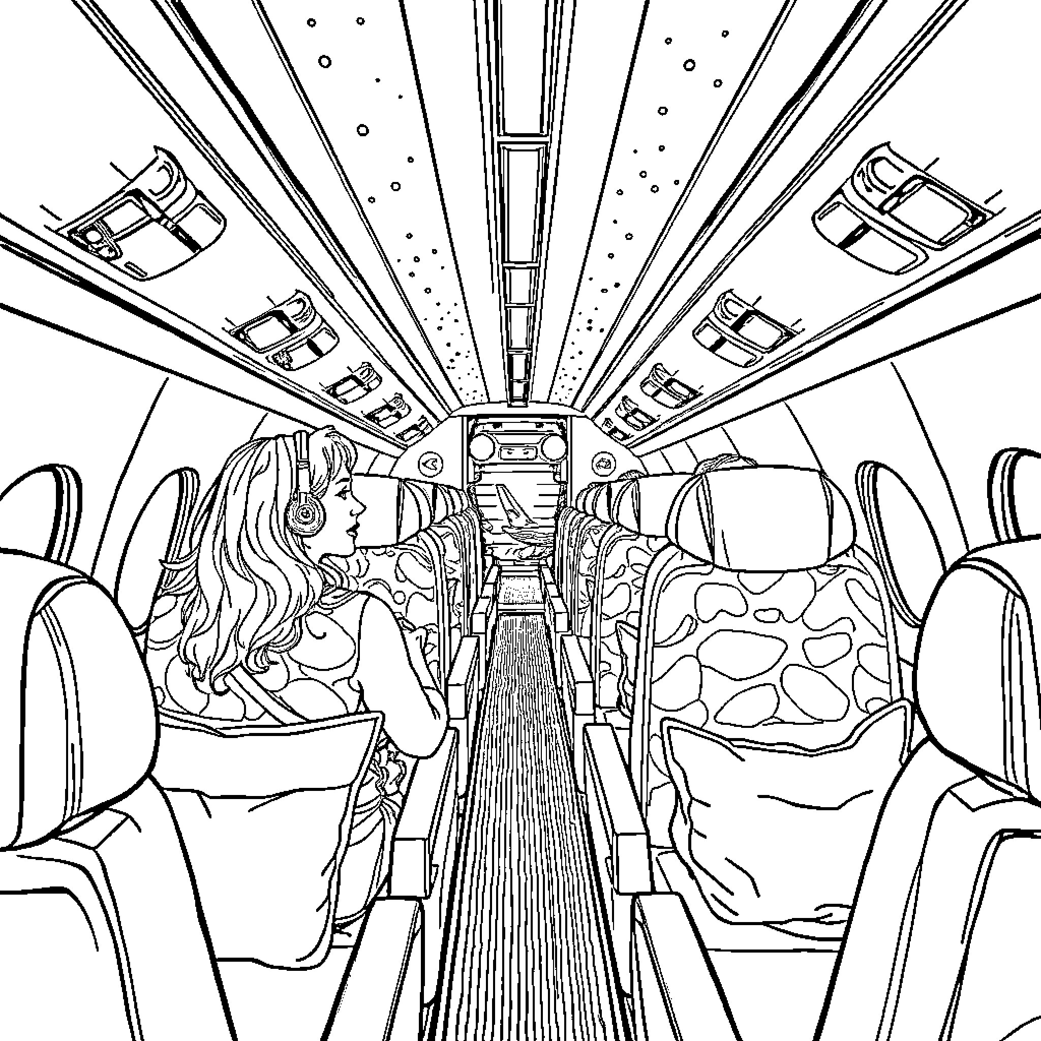 Flight Attendant Assisting Passengers on an Airplane Coloring Page (free black-and-white line drawing printable PDF for all, from beginners to advanced learners, including children, teens, adults, and seniors)