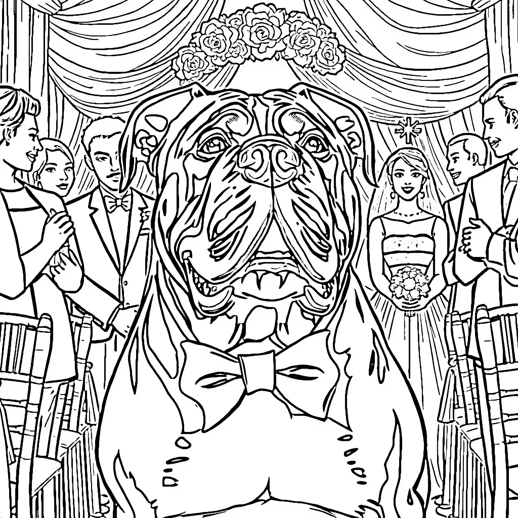 Bull Mastiff in a Formal Wedding Setting Coloring Page (free black-and-white line drawing printable PDF for all, from beginners to advanced learners, including children, teens, adults, and seniors)