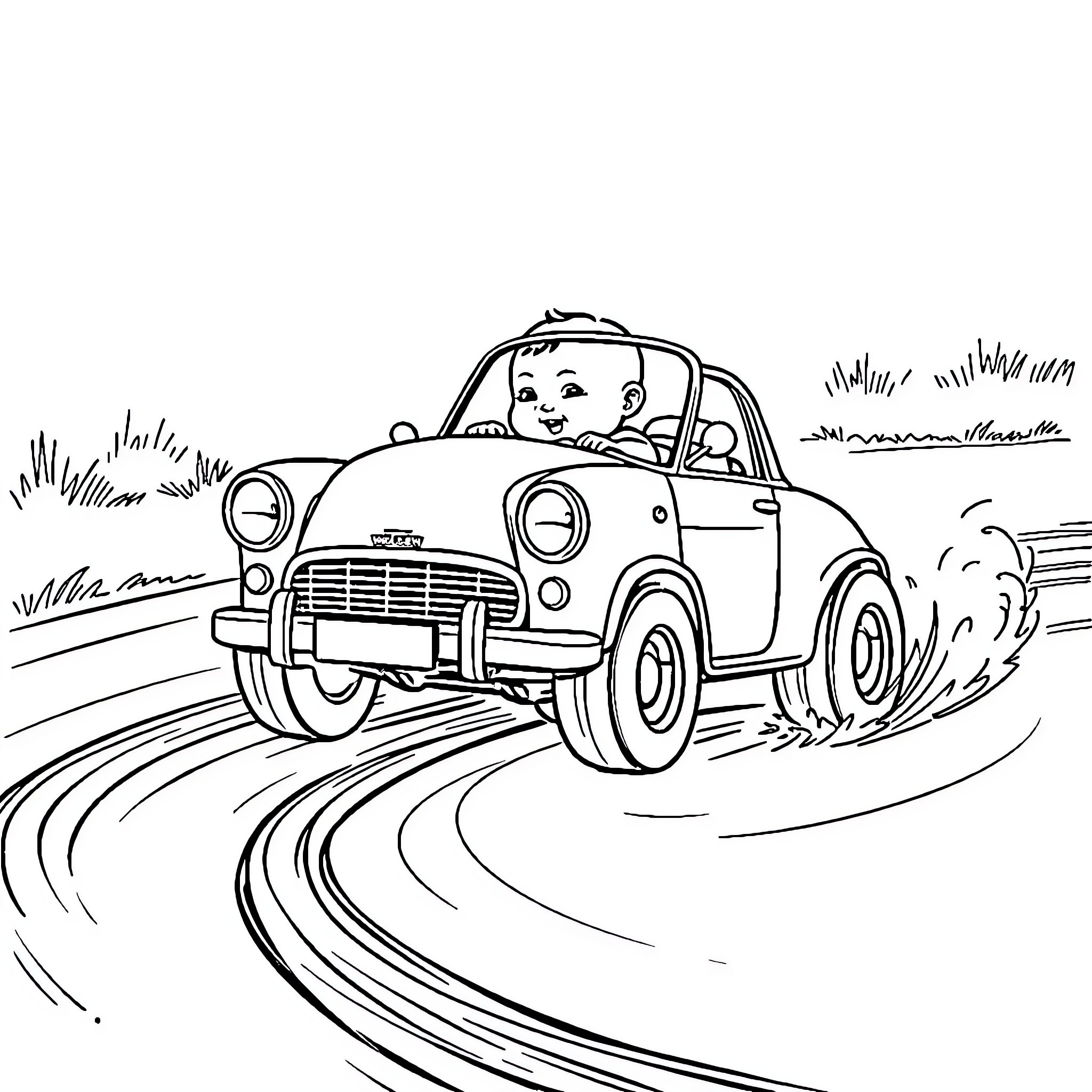 Baby driving a classic car happily on the road Coloring Page (free black-and-white line drawing printable PDF for all, from beginners to advanced learners, including children, teens, adults, and seniors)