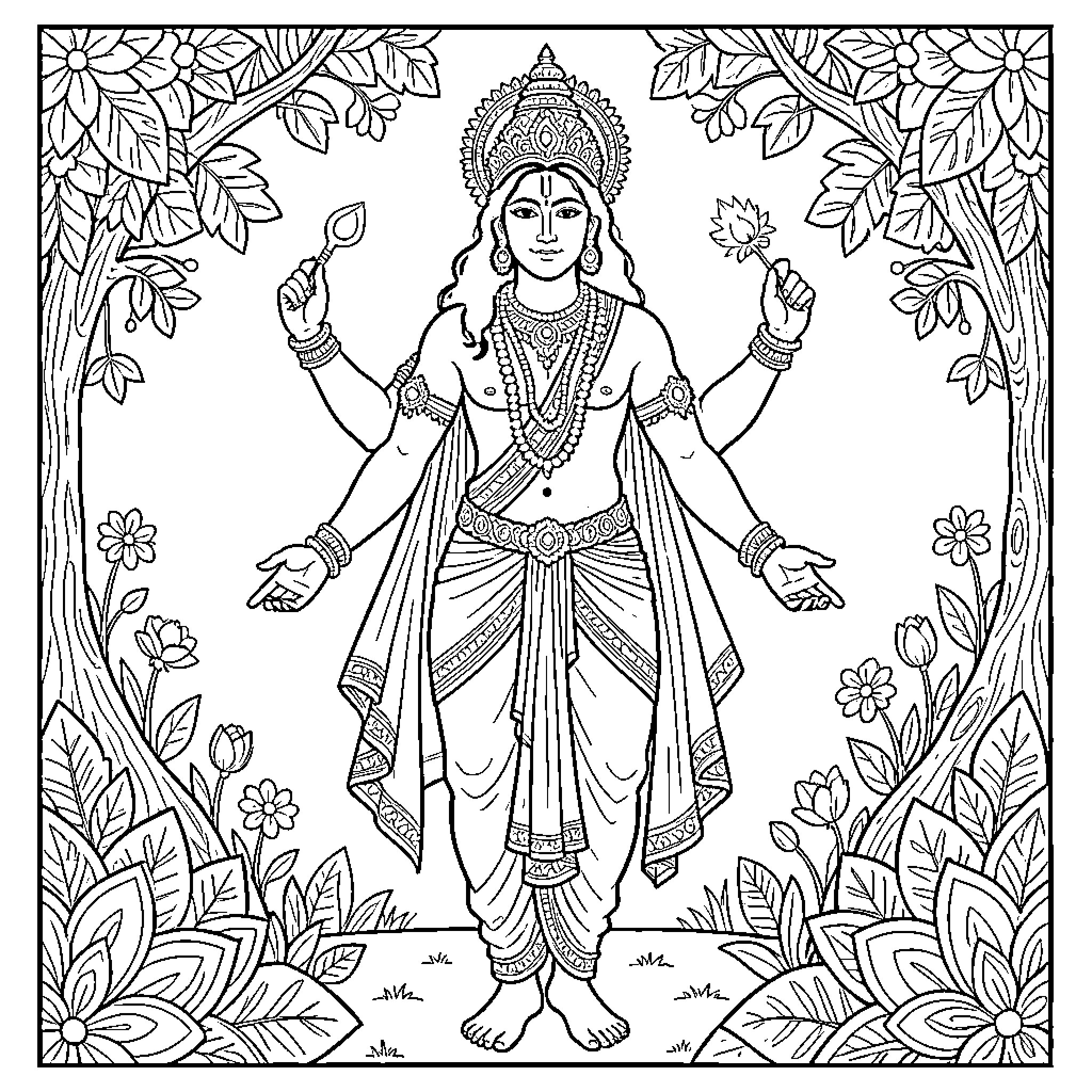 Ardhanarishvara standing gracefully amidst a lush forest landscape Coloring Page (free black-and-white line drawing printable PDF for all, from beginners to advanced learners, including children, teens, adults, and seniors)
