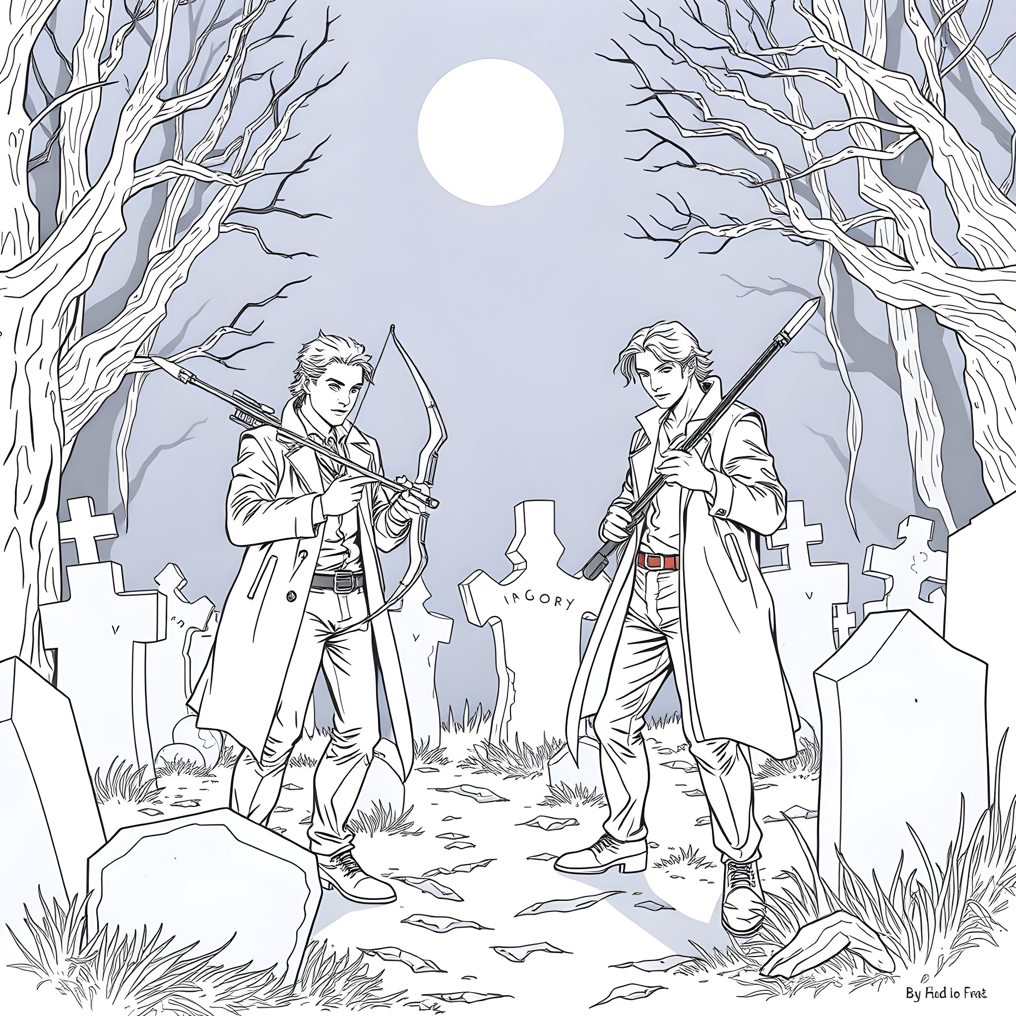 Sam and Dean Winchester hunting in the eerie moonlit forest Coloring Page (free black-and-white line drawing printable PDF for all, from beginners to advanced learners, including children, teens, adults, and seniors)