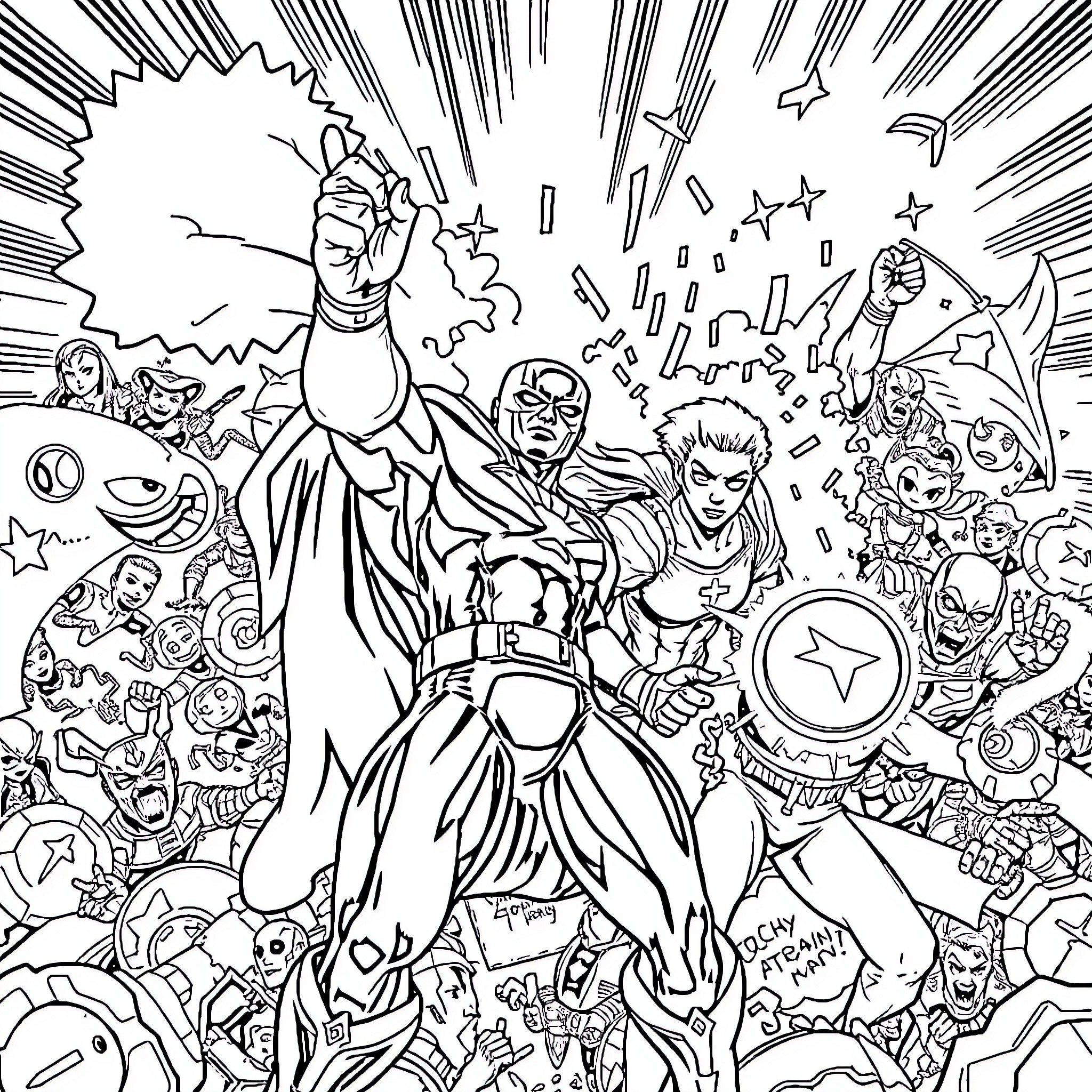 Comic Superheroes Battling Villains in Epic Showdown Coloring Page (free black-and-white line drawing printable PDF for all, from beginners to advanced learners, including children, teens, adults, and seniors)