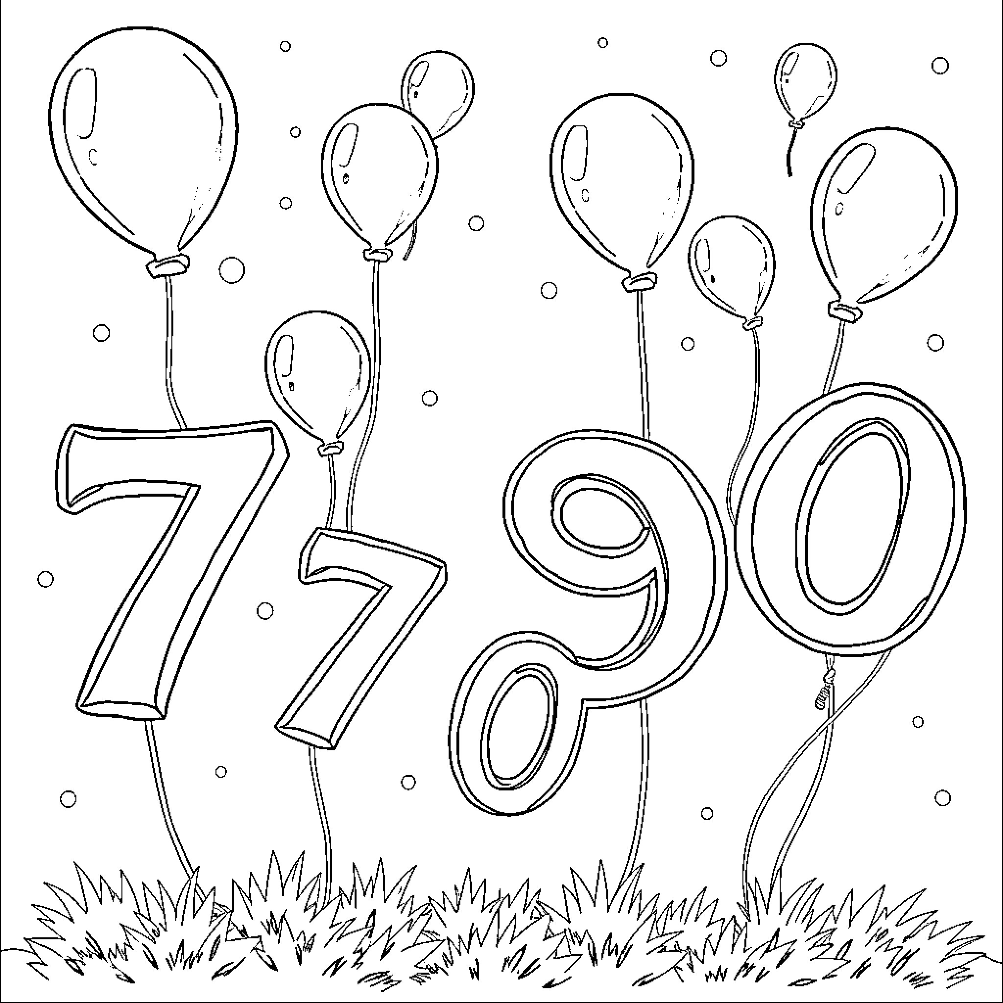 Number Balloons in a Grassy Field Coloring Page (free black-and-white line drawing printable PDF for all, from beginners to advanced learners, including children, teens, adults, and seniors)