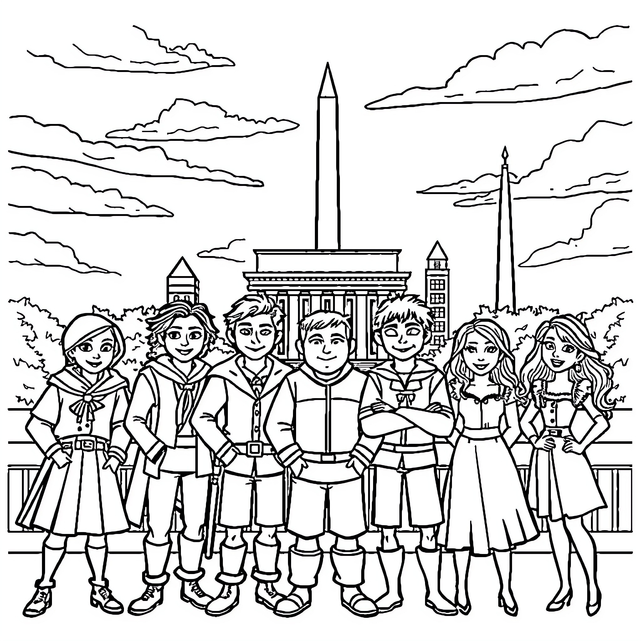 Descendants on a Field Trip in the City Coloring Page (free black-and-white line drawing printable PDF for all, from beginners to advanced learners, including children, teens, adults, and seniors)