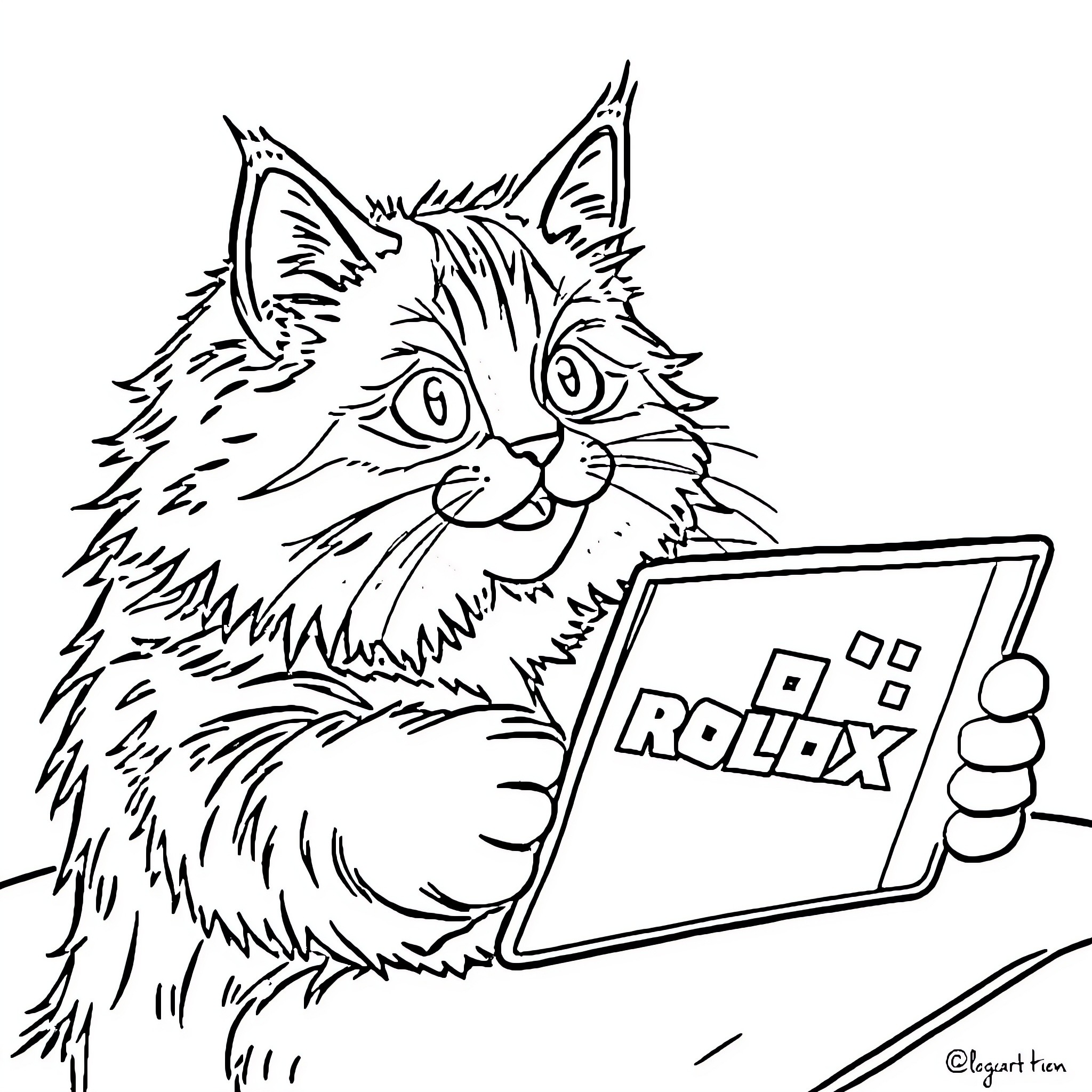 Maine Coon cat playing with Roblox tablet Coloring Page (free black-and-white line drawing printable PDF for all, from beginners to advanced learners, including children, teens, adults, and seniors)