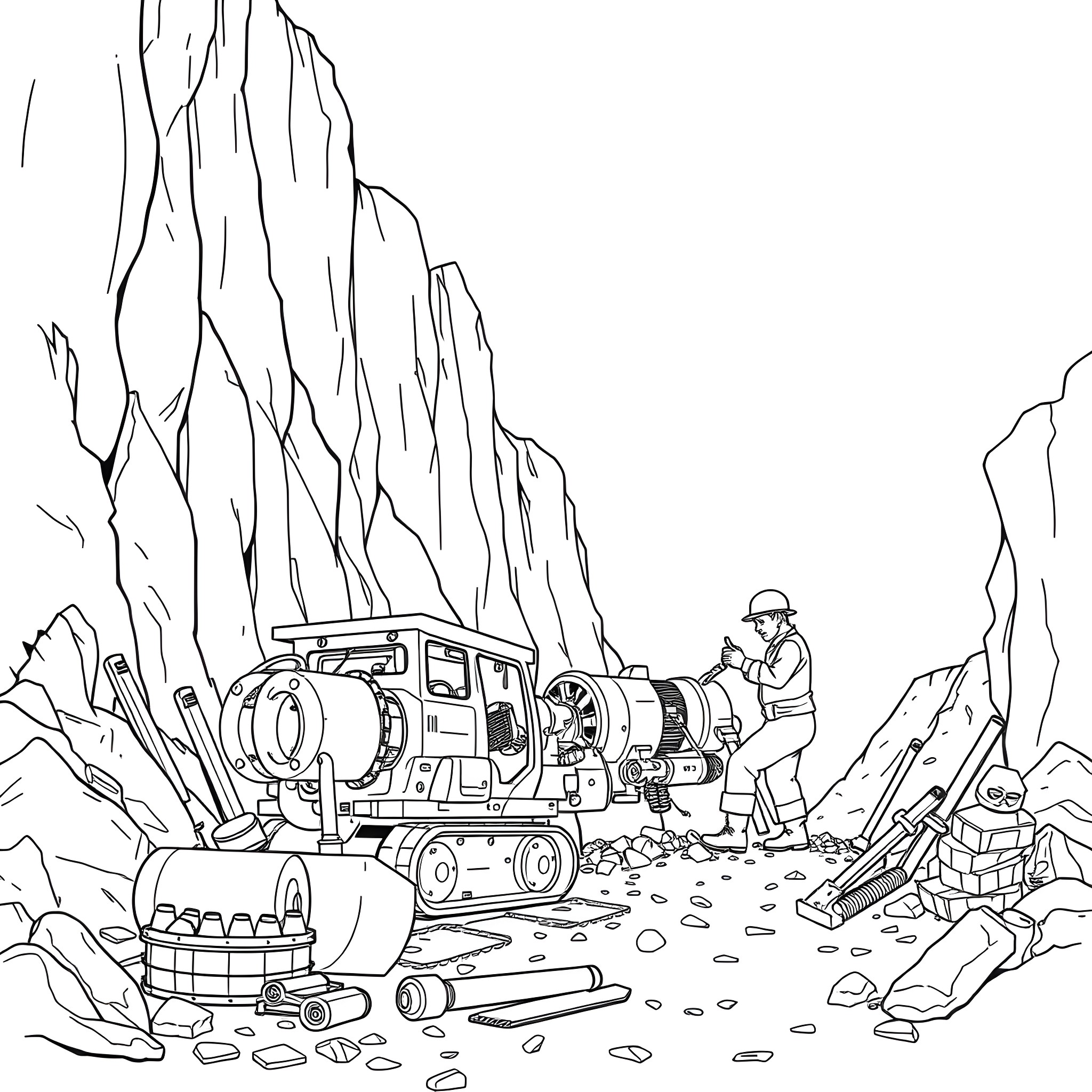 Rudar miners exploring rocky mountainous terrain Coloring Page (free black-and-white line drawing printable PDF for all, from beginners to advanced learners, including children, teens, adults, and seniors)