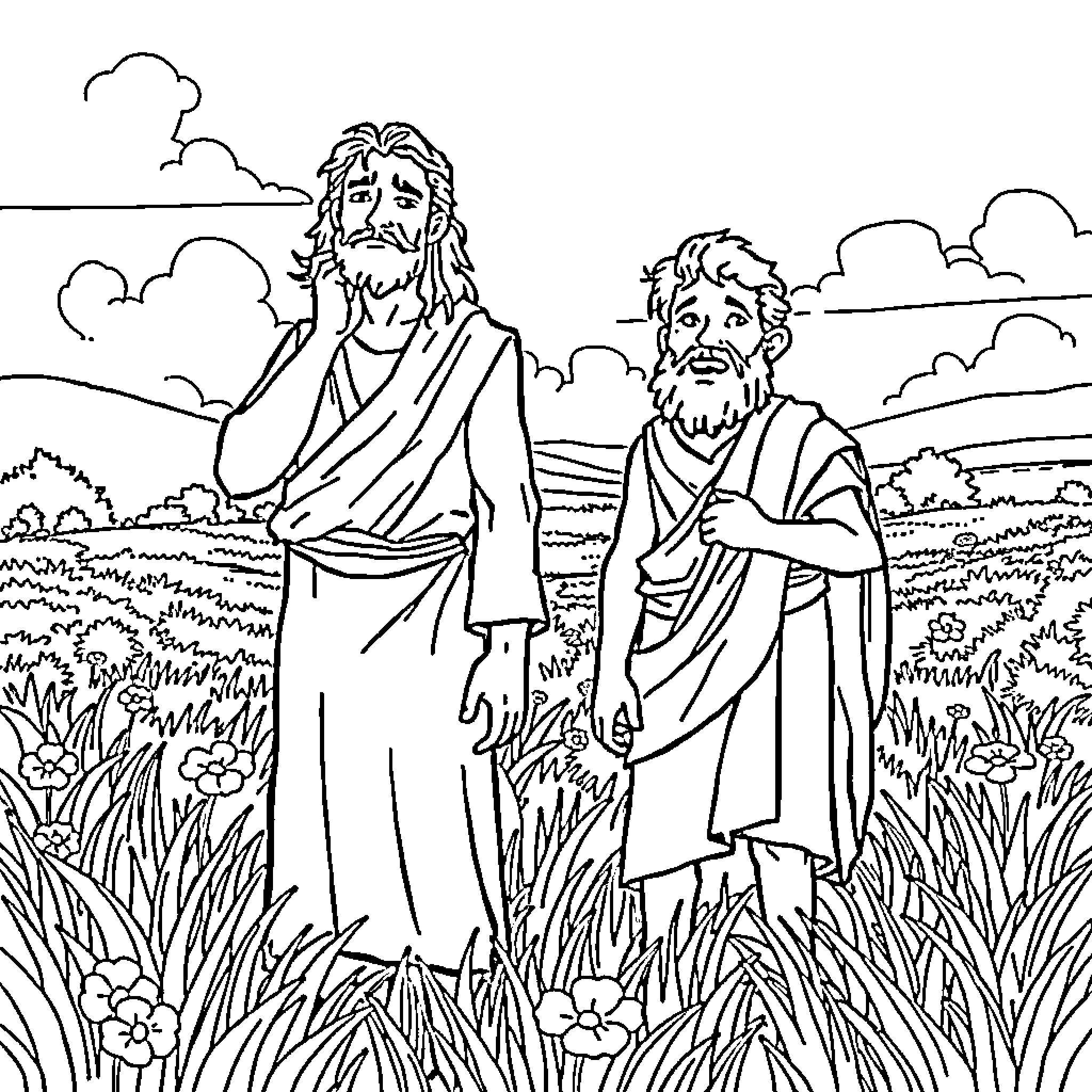 Cain and Abel in a Pastoral Scene Coloring Page (free black-and-white line drawing printable PDF for all, from beginners to advanced learners, including children, teens, adults, and seniors)
