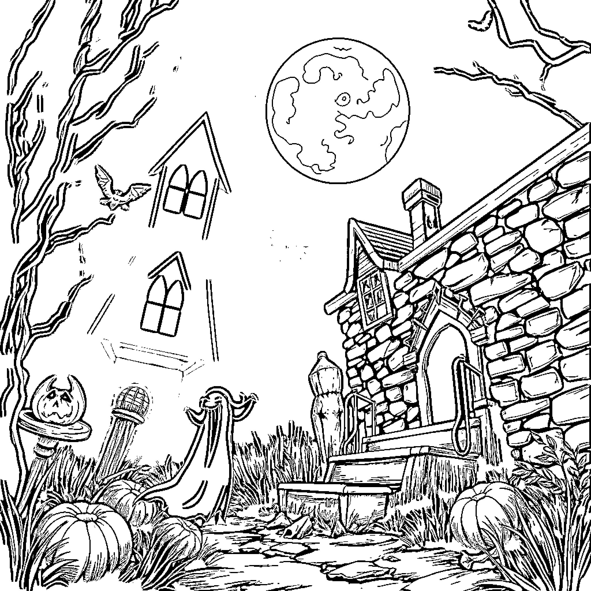 Spooky Halloween Haunted House Scene Coloring Page (free black-and-white line drawing printable PDF for all, from beginners to advanced learners, including children, teens, adults, and seniors)