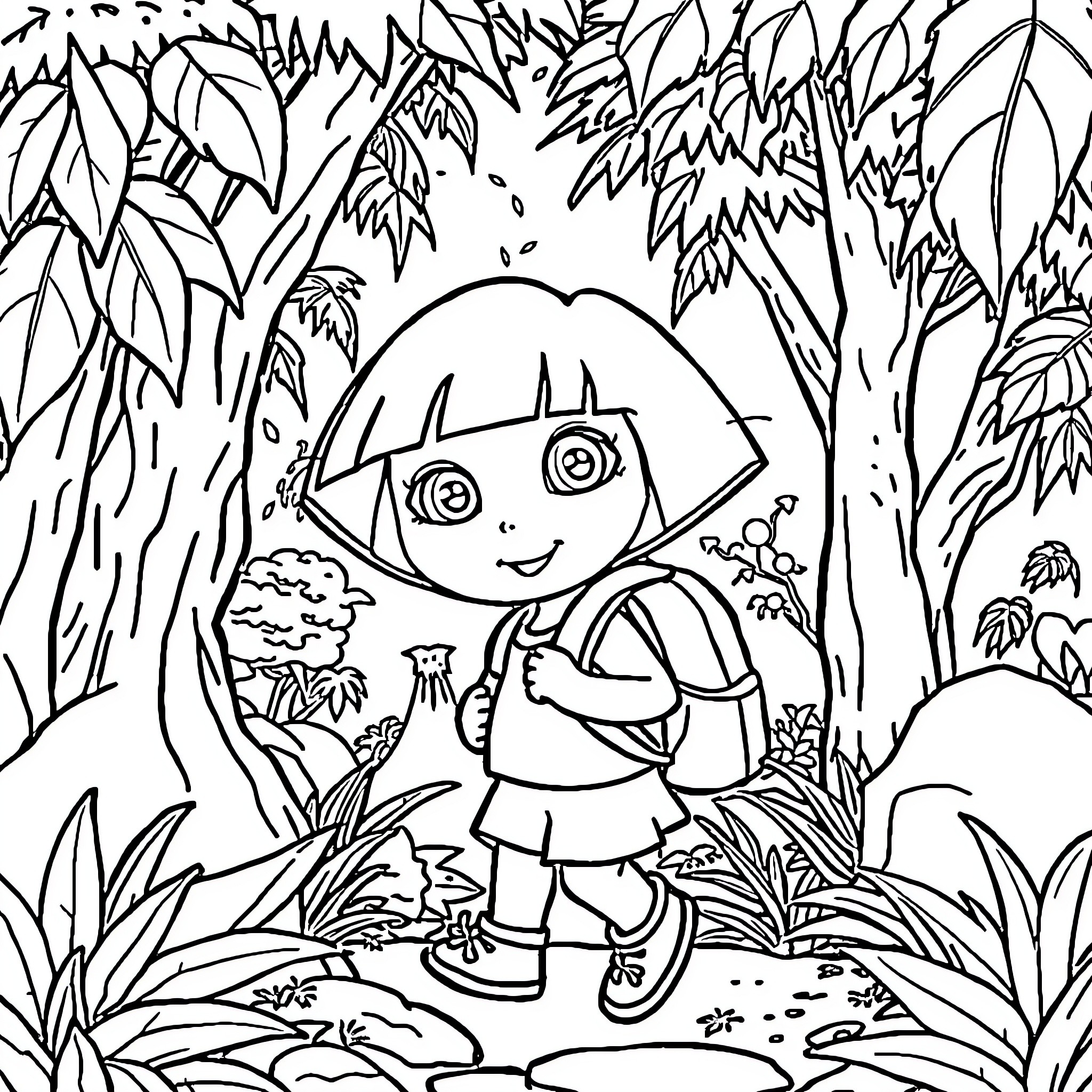 Dora exploring the lush jungle Coloring Page (free black-and-white line drawing printable PDF for all, from beginners to advanced learners, including children, teens, adults, and seniors)
