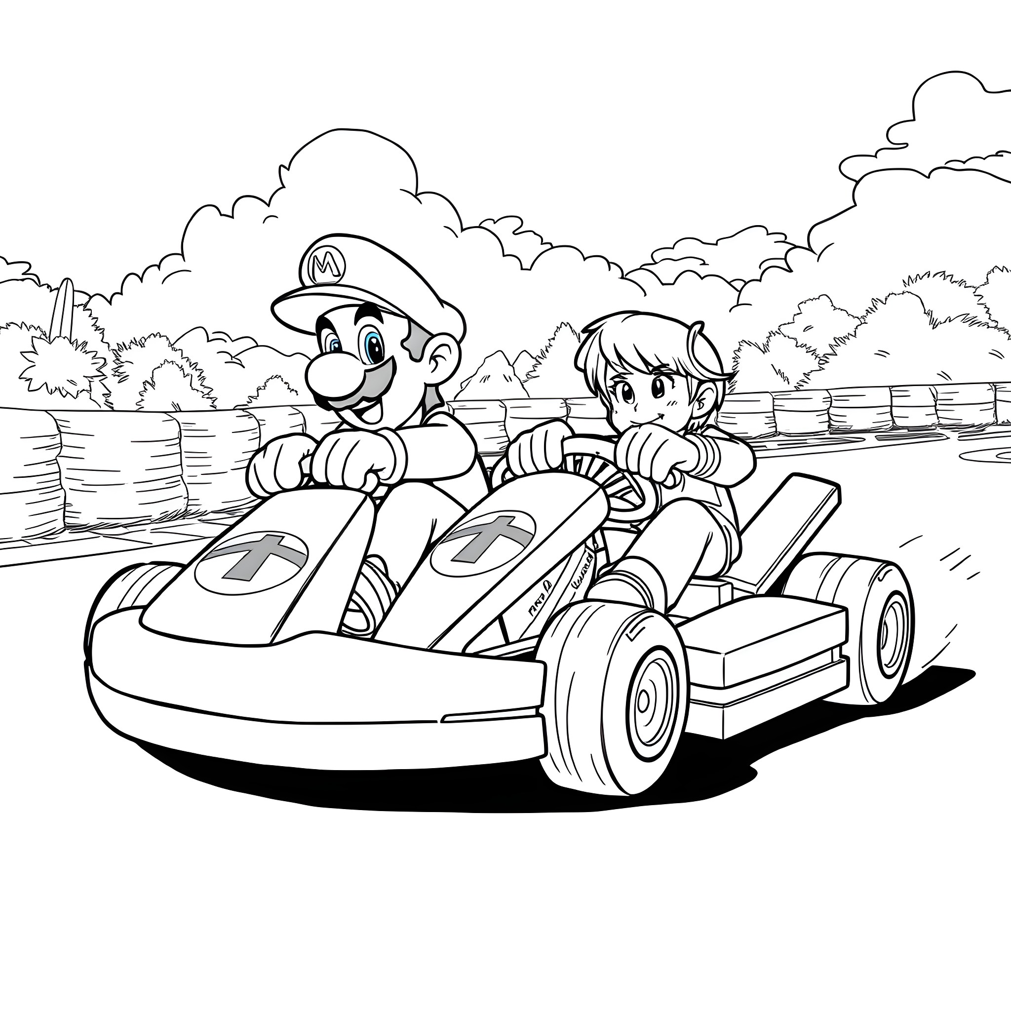 Kart racing with friends in the park Coloring Page (free black-and-white line drawing printable PDF for all, from beginners to advanced learners, including children, teens, adults, and seniors)