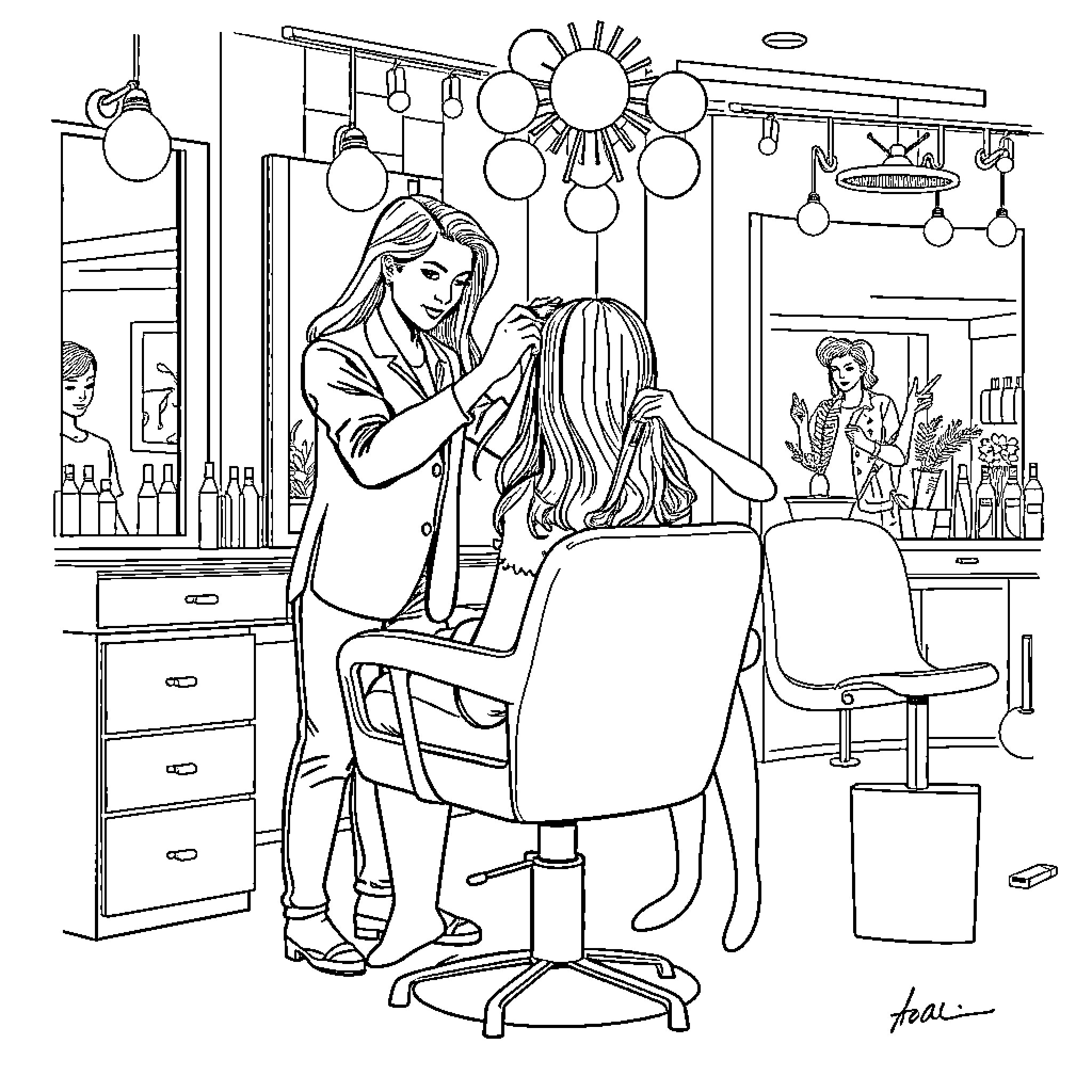 Woman styling customer's hair in salon Coloring Page (free black-and-white line drawing printable PDF for all, from beginners to advanced learners, including children, teens, adults, and seniors)