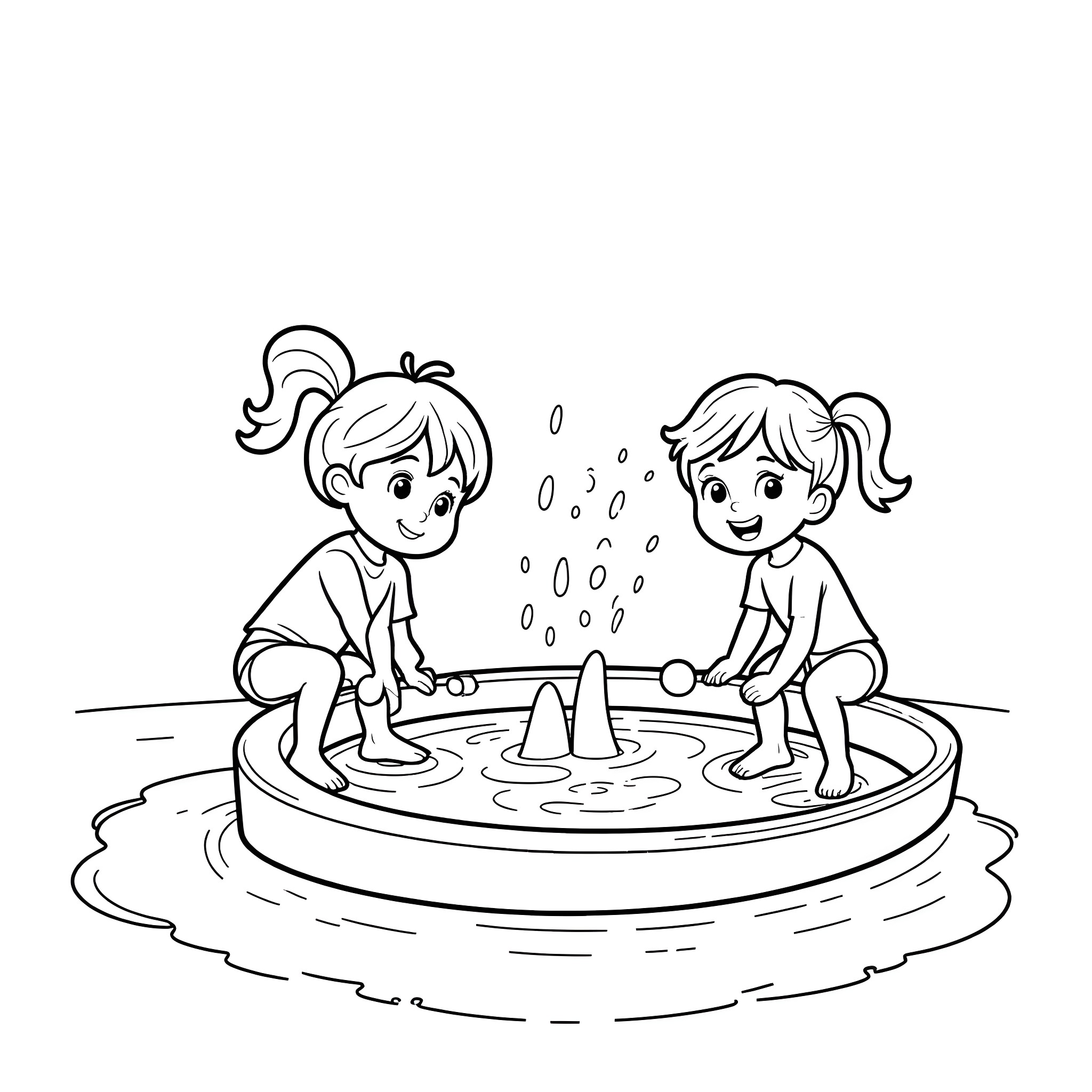 Children playing in the sprinkler on a hot day Coloring Page (free black-and-white line drawing printable PDF for all, from beginners to advanced learners, including children, teens, adults, and seniors)