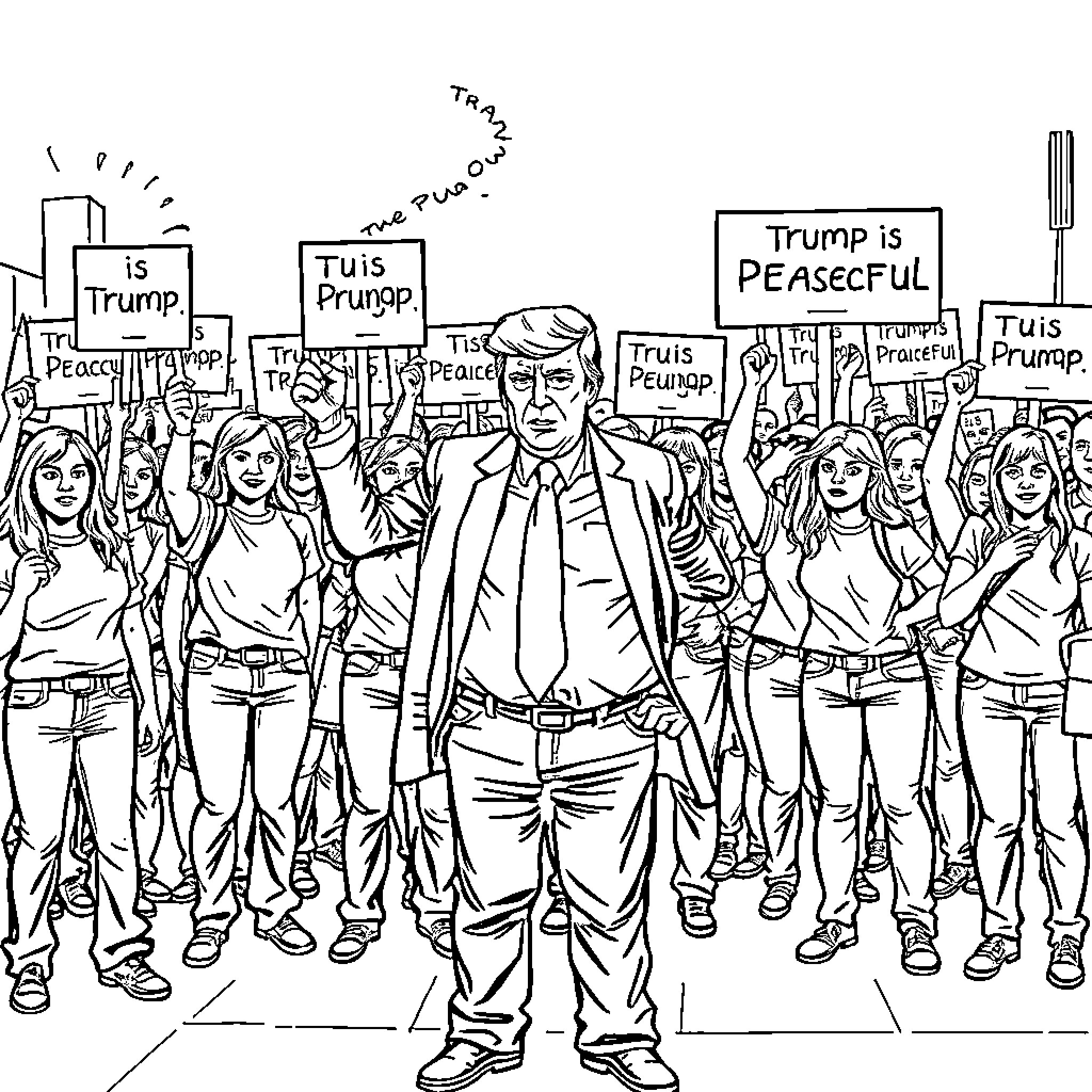 Trump Surrounded by Protesters Carrying Pro-Trump Signs Coloring Page (free black-and-white line drawing printable PDF for all, from beginners to advanced learners, including children, teens, adults, and seniors)