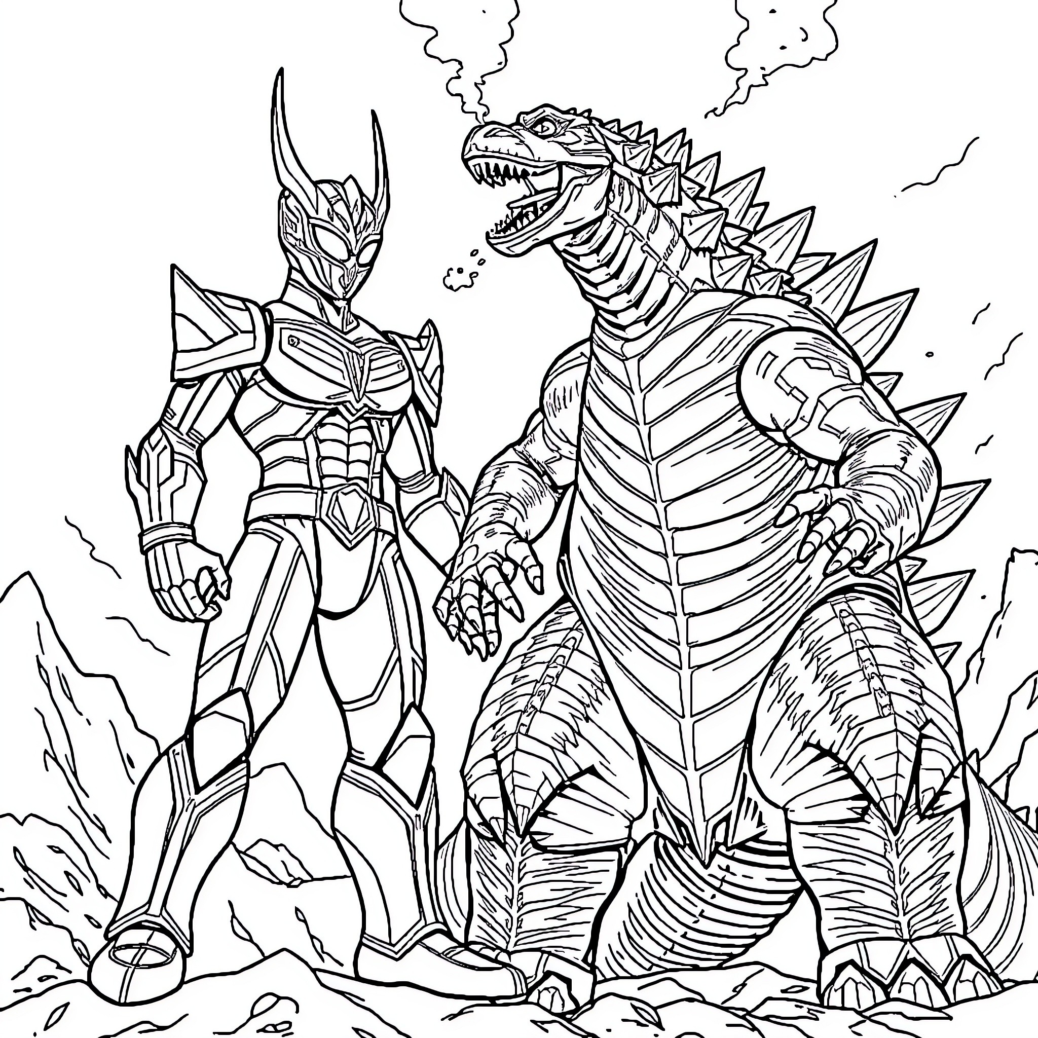Ultraman battles a monstrous kaiju creature Coloring Page (free black-and-white line drawing printable PDF for all, from beginners to advanced learners, including children, teens, adults, and seniors)
