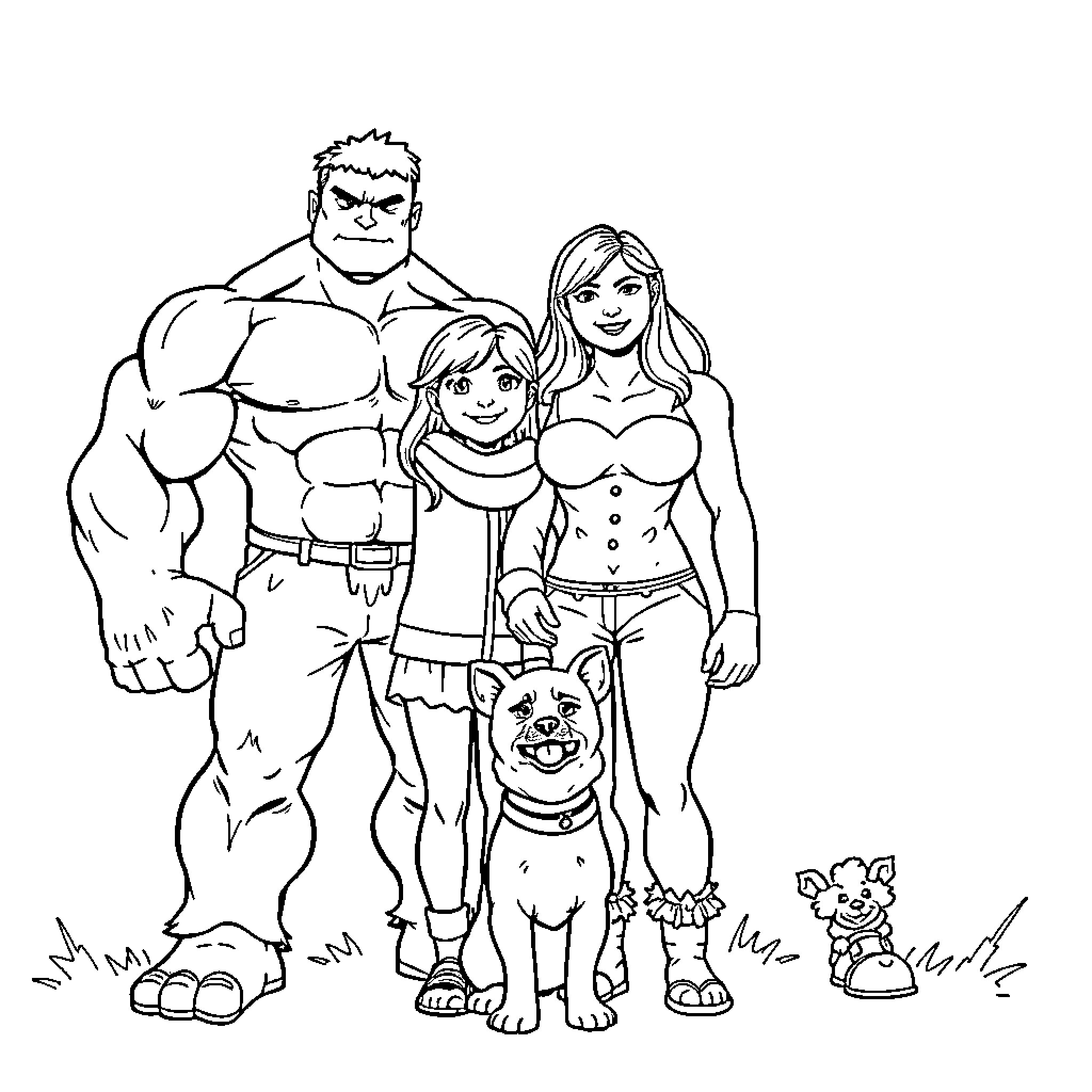 Family of Superheroes and Pets Coloring Page (free black-and-white line drawing printable PDF for all, from beginners to advanced learners, including children, teens, adults, and seniors)